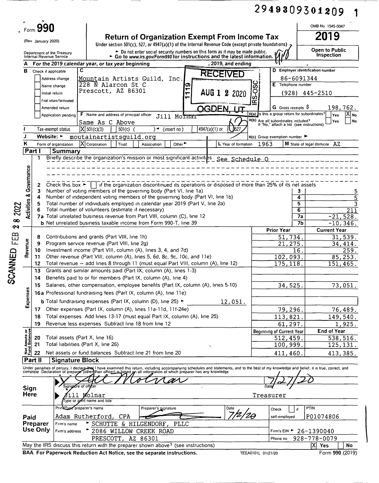 Image of first page of 2019 Form 990 for The Mountain Artists Guild