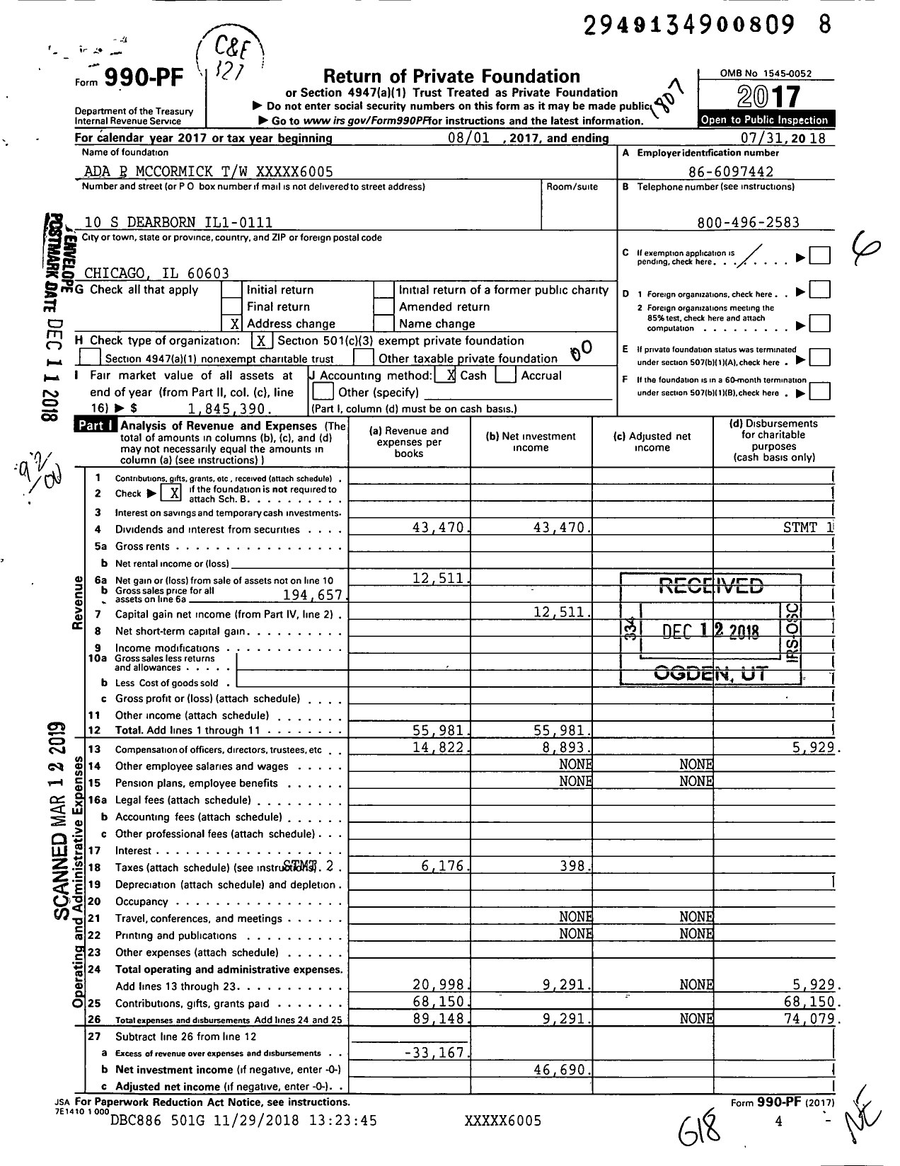 Image of first page of 2017 Form 990PF for Ada P Mccormick TW XXXXX6005