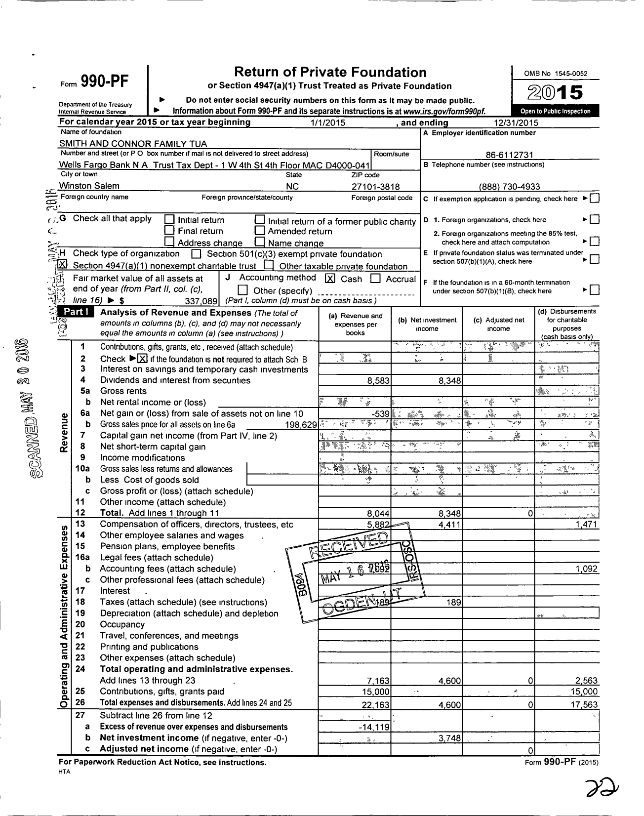 Image of first page of 2015 Form 990PF for Smith and Connor Family Tua