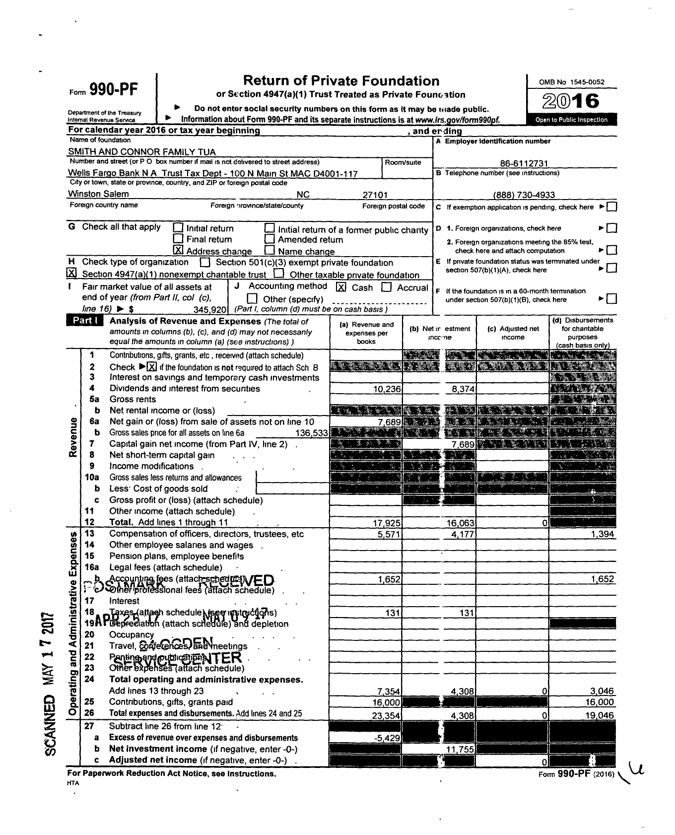 Image of first page of 2016 Form 990PF for Smith and Connor Family Tua