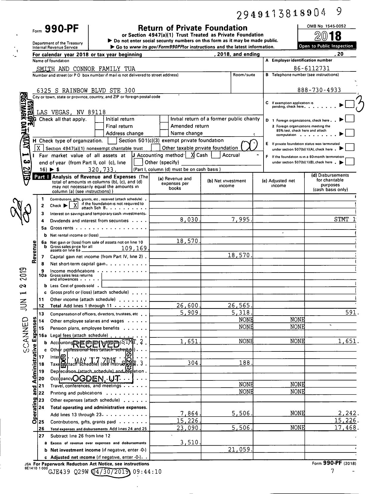 Image of first page of 2018 Form 990PF for Smith and Connor Family Tua