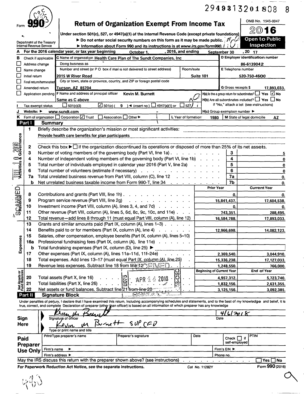 Image of first page of 2016 Form 990O for Health Care Plan of the Sundt Companies