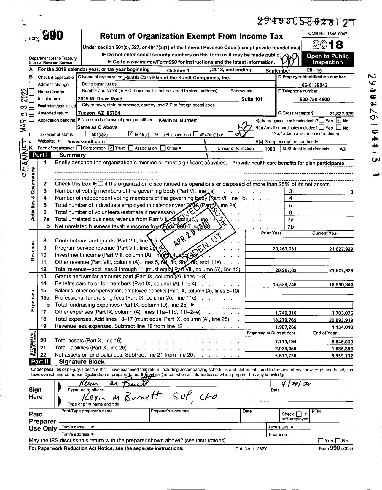 Image of first page of 2018 Form 990 for Health Care Plan of the Sundt Companies