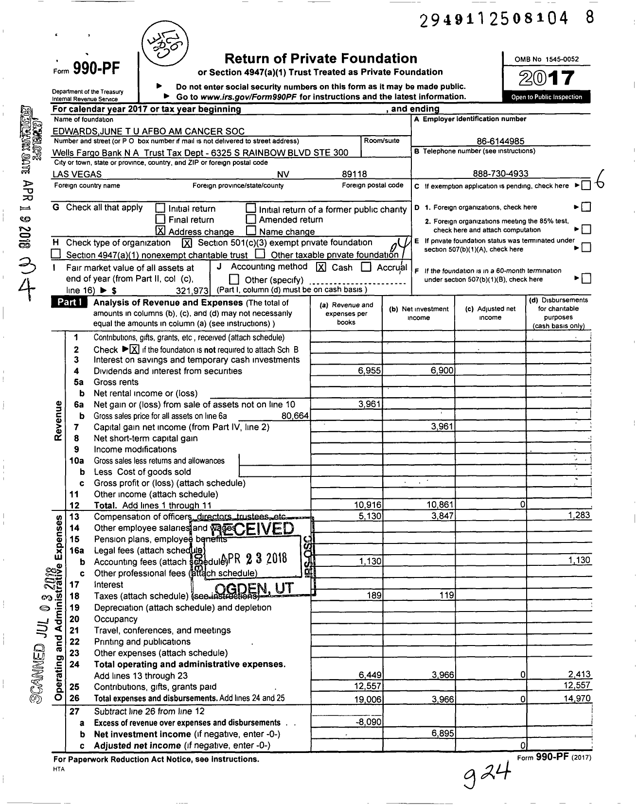 Image of first page of 2017 Form 990PF for Edwardsjune Tuafbo Am Cancer Soc