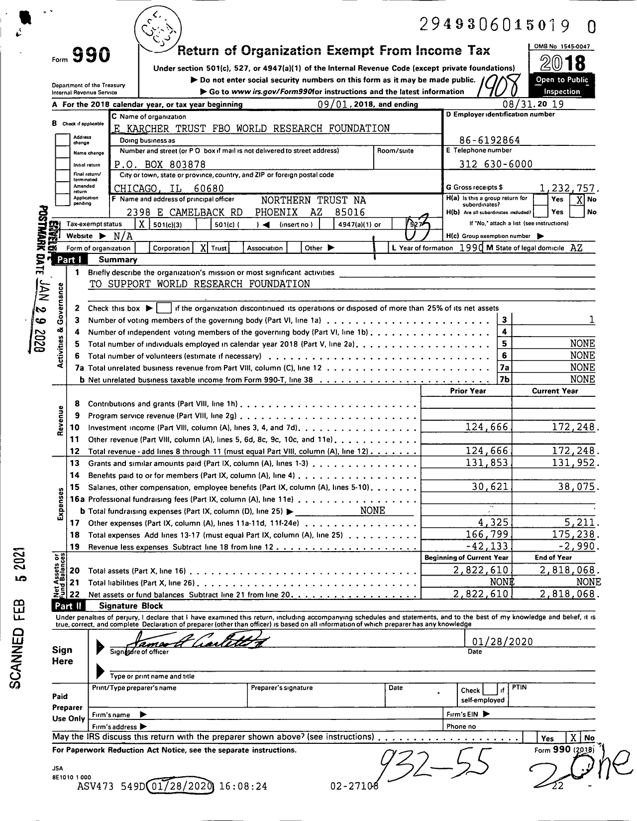 Image of first page of 2018 Form 990 for E Karcher Trust Fbo World Research Foundation