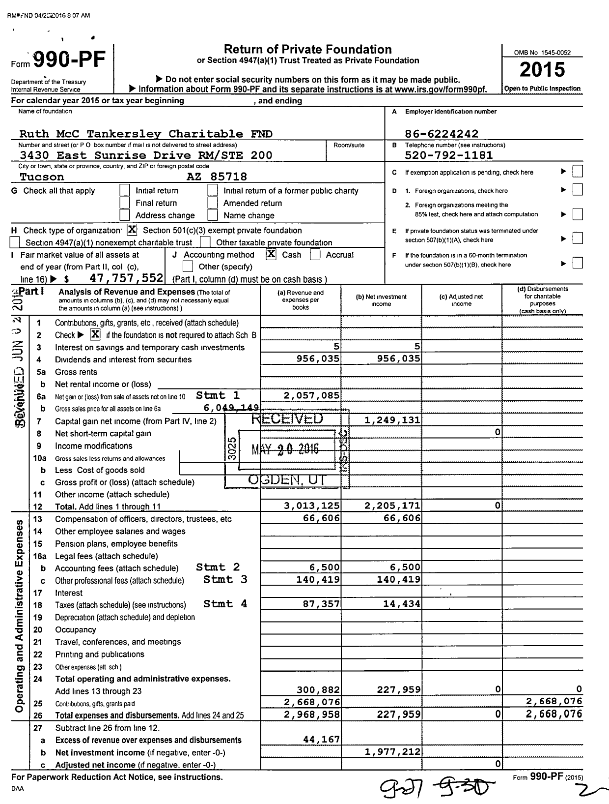 Image of first page of 2015 Form 990PF for Ruth McC Tankersley Charitable Fund