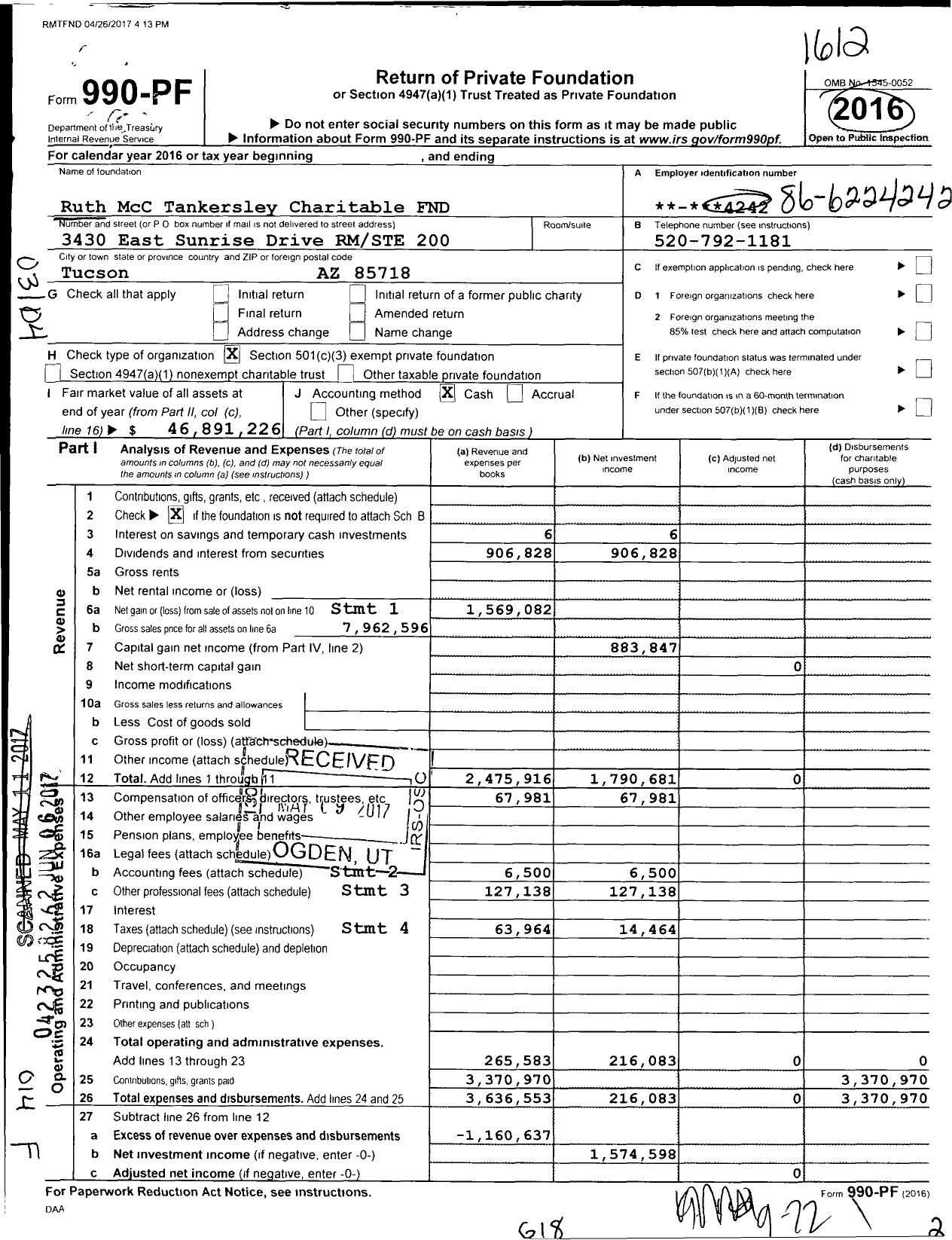 Image of first page of 2016 Form 990PF for Ruth McC Tankersley Charitable Fund