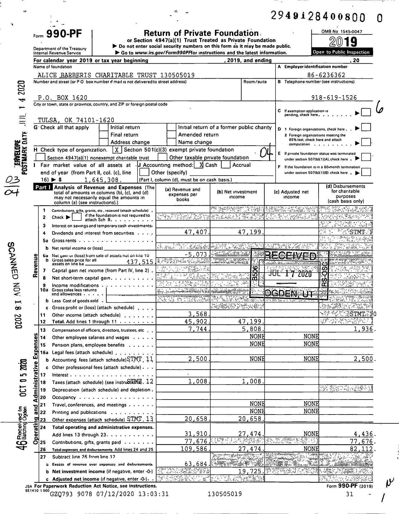 Image of first page of 2019 Form 990PF for Alice Barberis Charitable Trust XXX-XX-XXXX