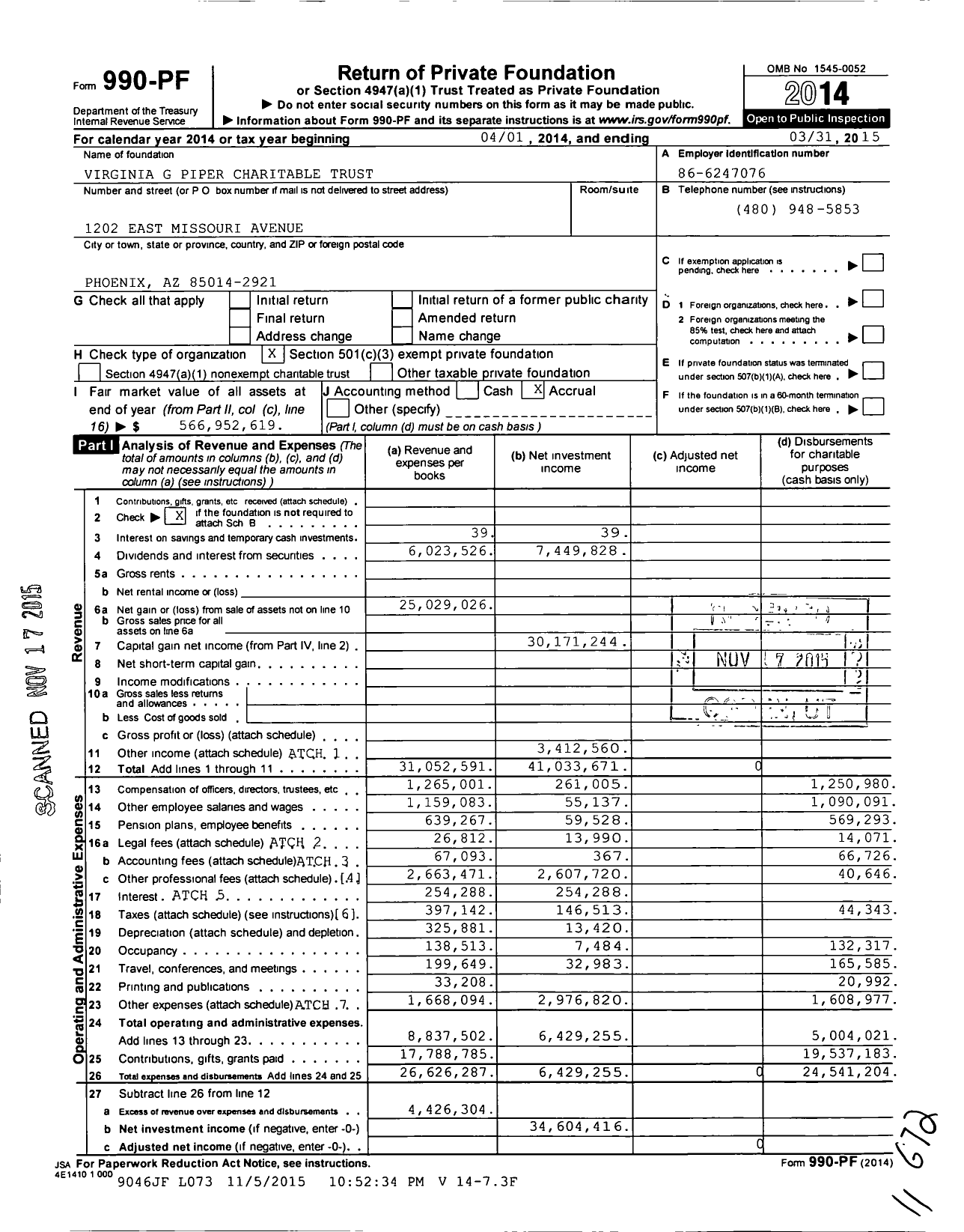 Image of first page of 2014 Form 990PF for Virginia G. Piper Charitable Trust