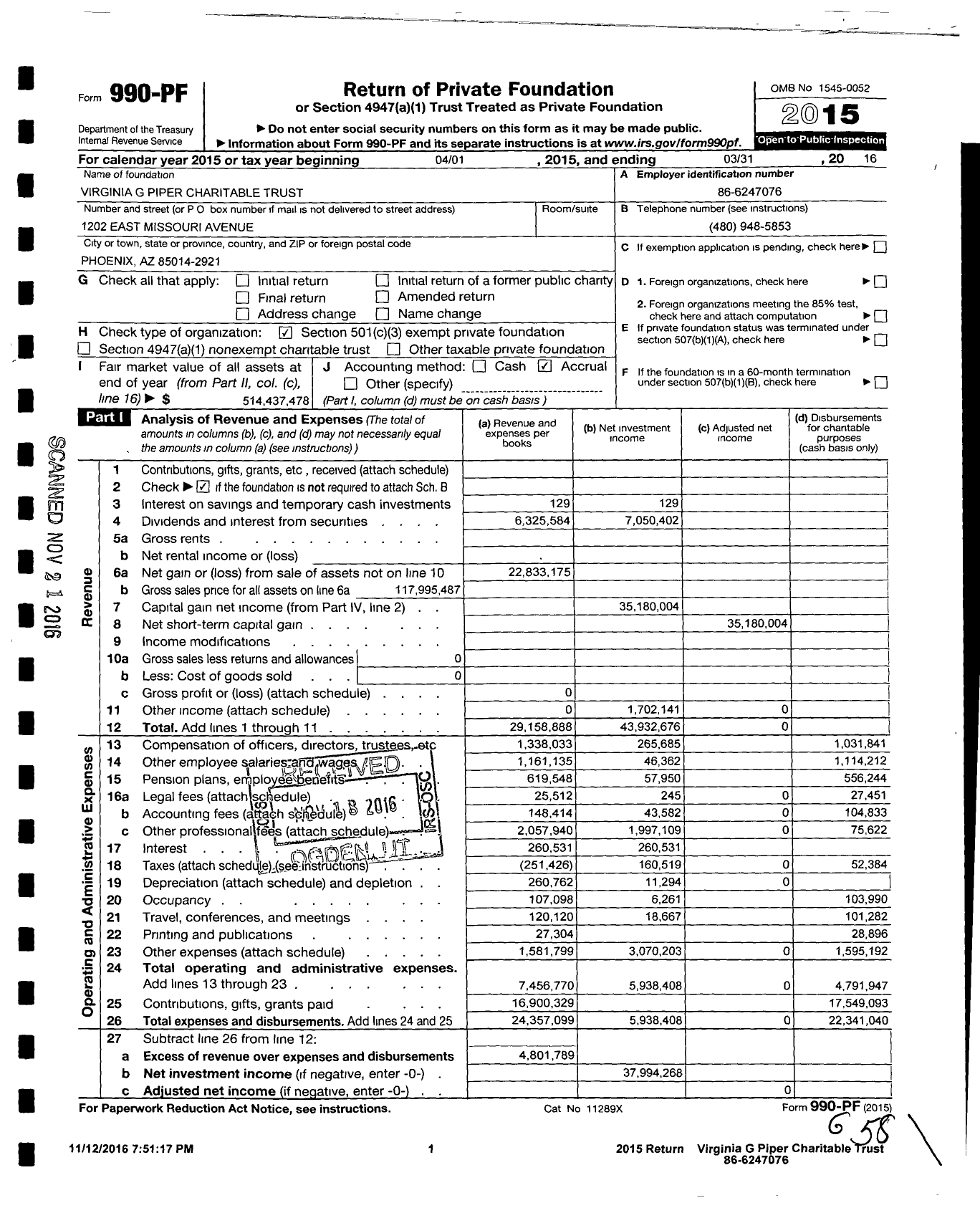 Image of first page of 2015 Form 990PF for Virginia G. Piper Charitable Trust