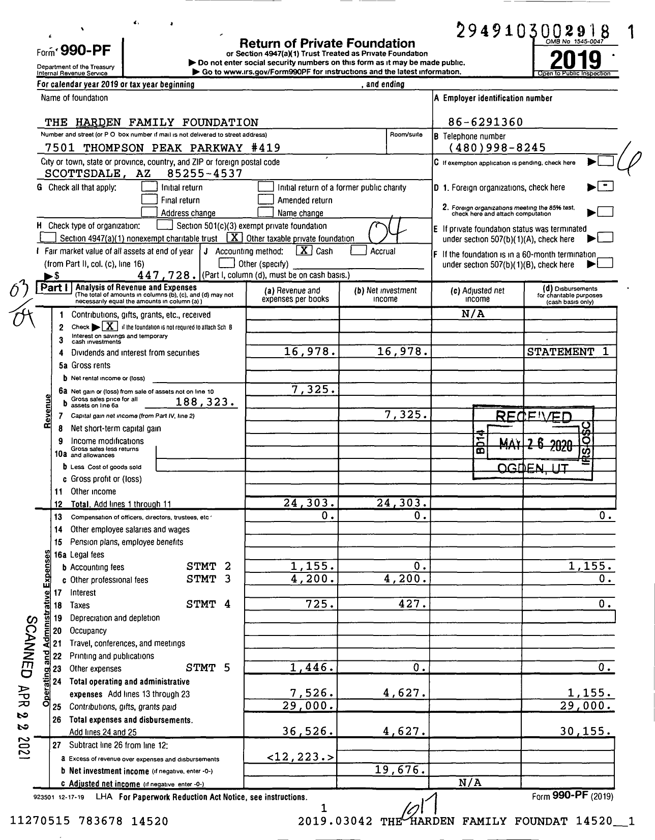 Image of first page of 2019 Form 990PF for The Harden Family Foundation