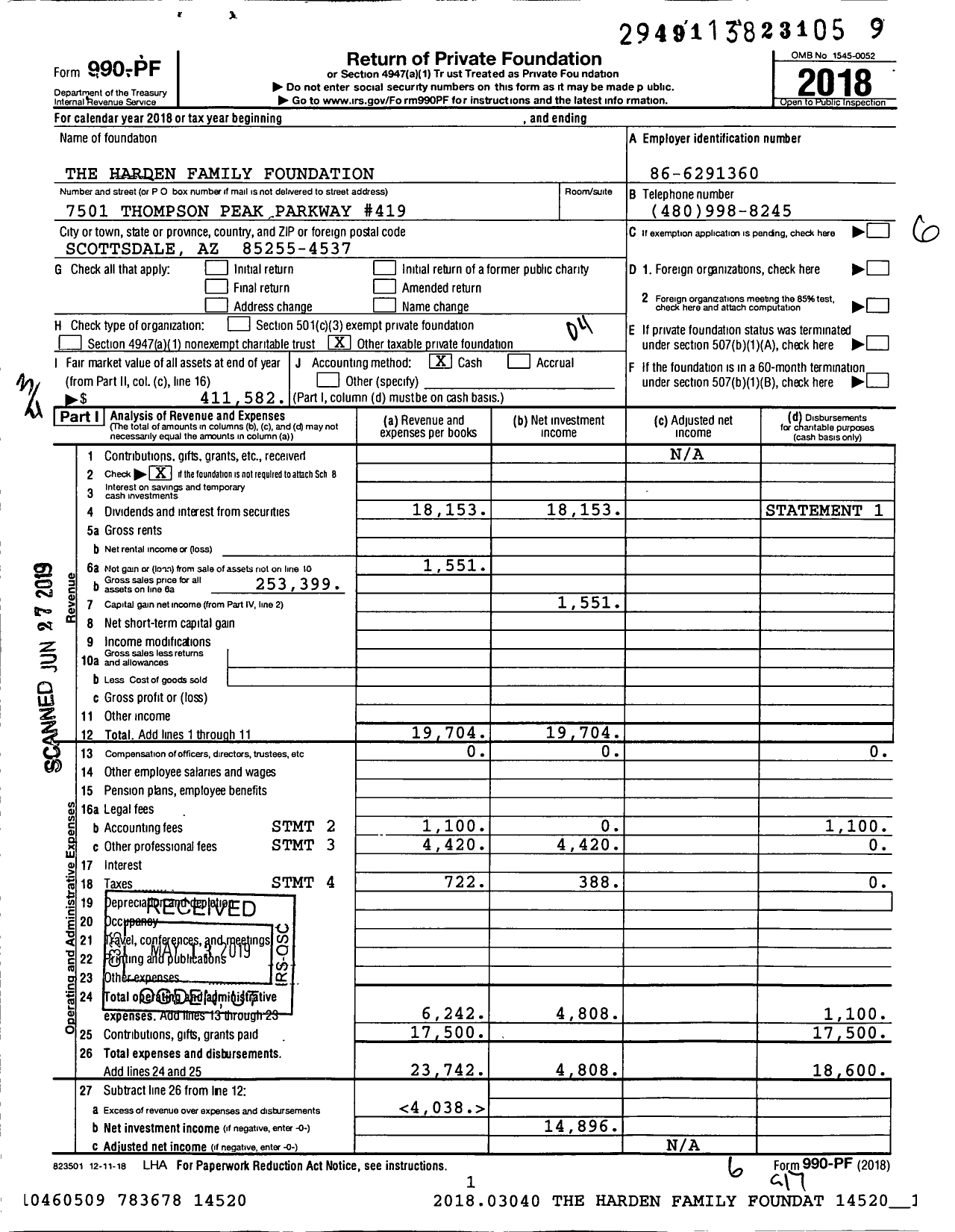 Image of first page of 2018 Form 990PF for The Harden Family Foundation