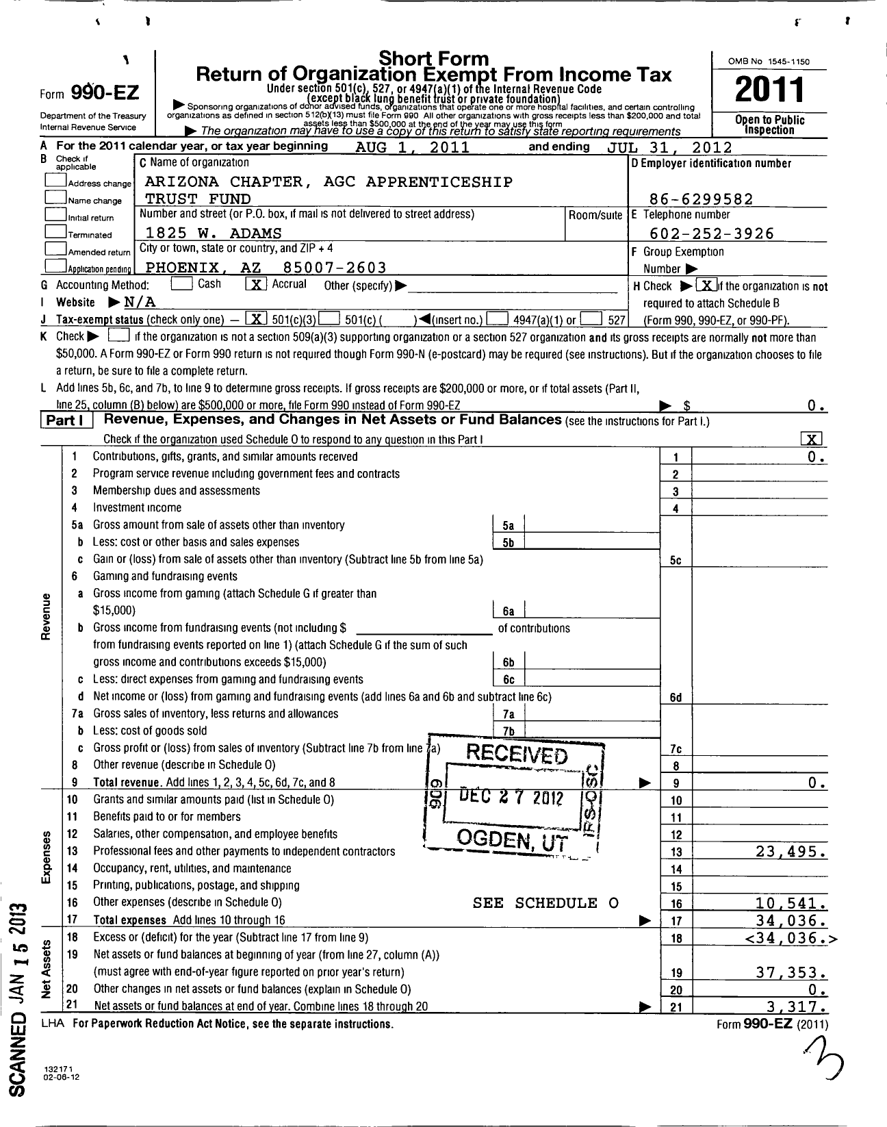 Image of first page of 2011 Form 990EZ for Arizona Chapter Associated General Contractors of America Apprenticeshi