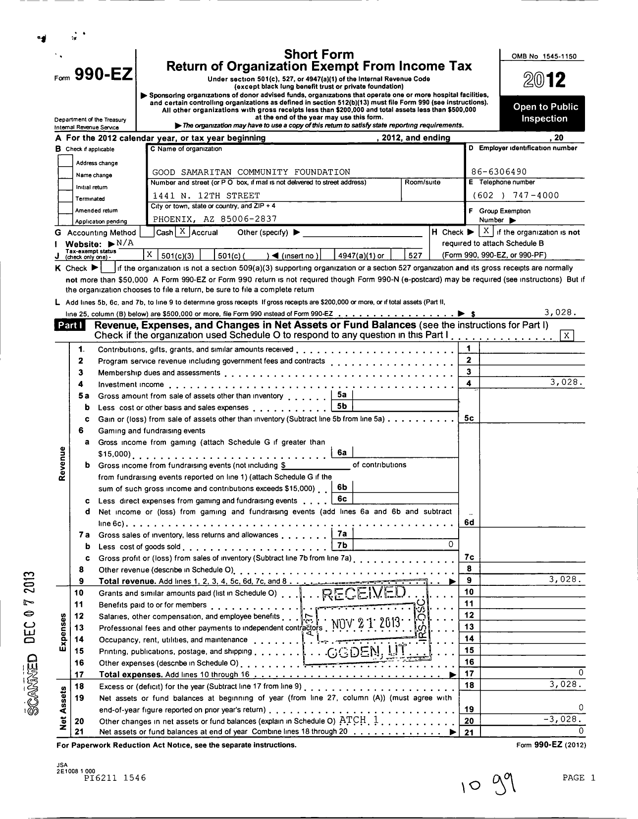 Image of first page of 2012 Form 990EZ for Good Samaritan Community Foundation