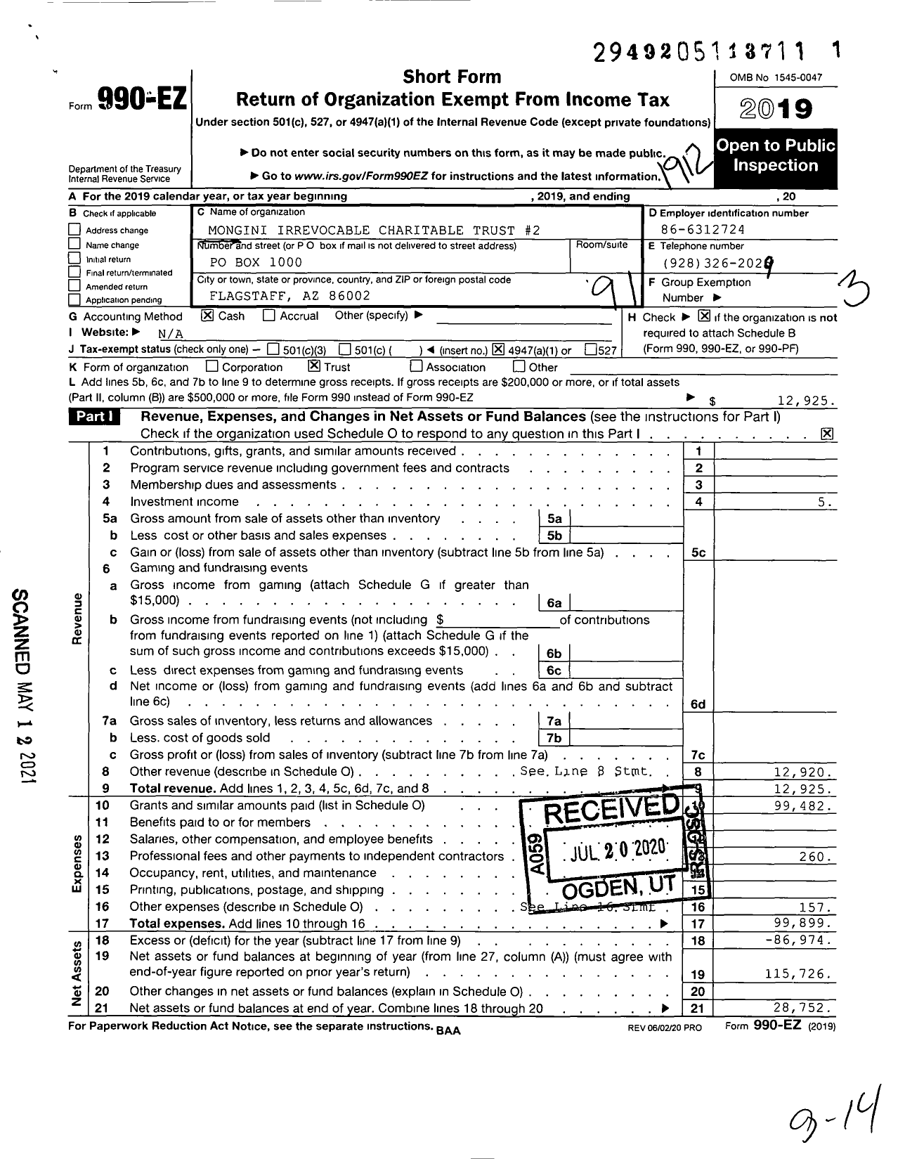 Image of first page of 2019 Form 990EO for Mongini Irrevocable Charitable Trust #2