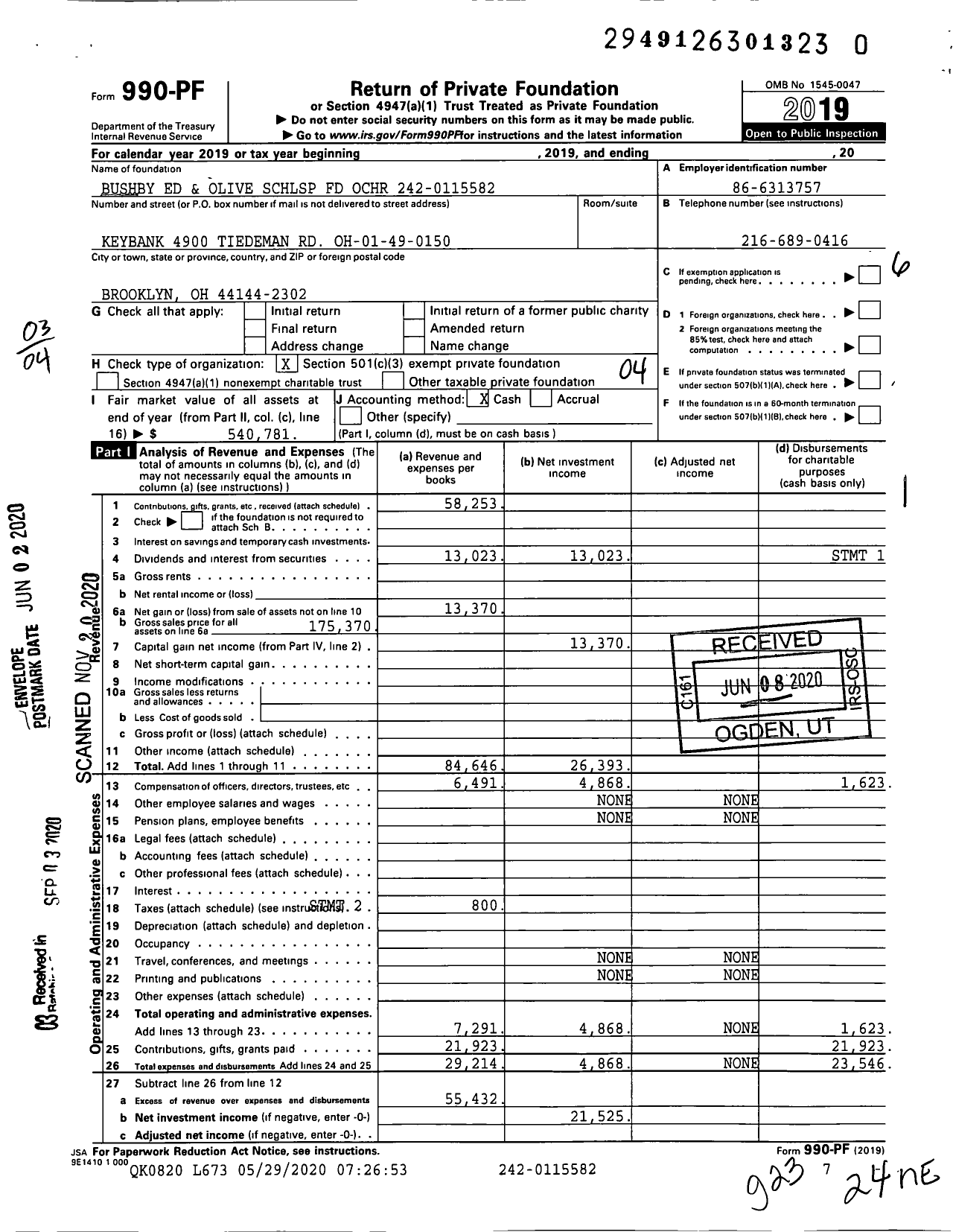 Image of first page of 2019 Form 990PF for Edward D and Olive C Bushby Scholarship Fund