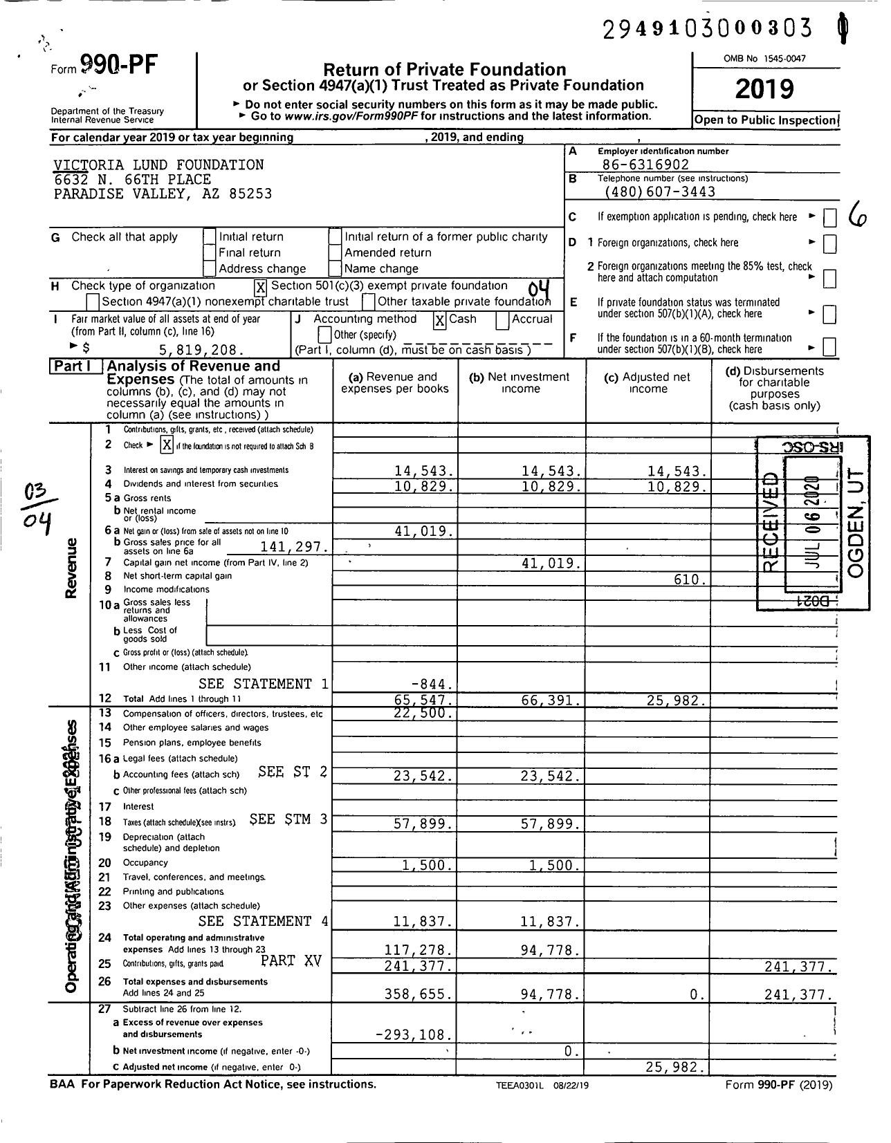 Image of first page of 2019 Form 990PF for Victoria Lund Foundation