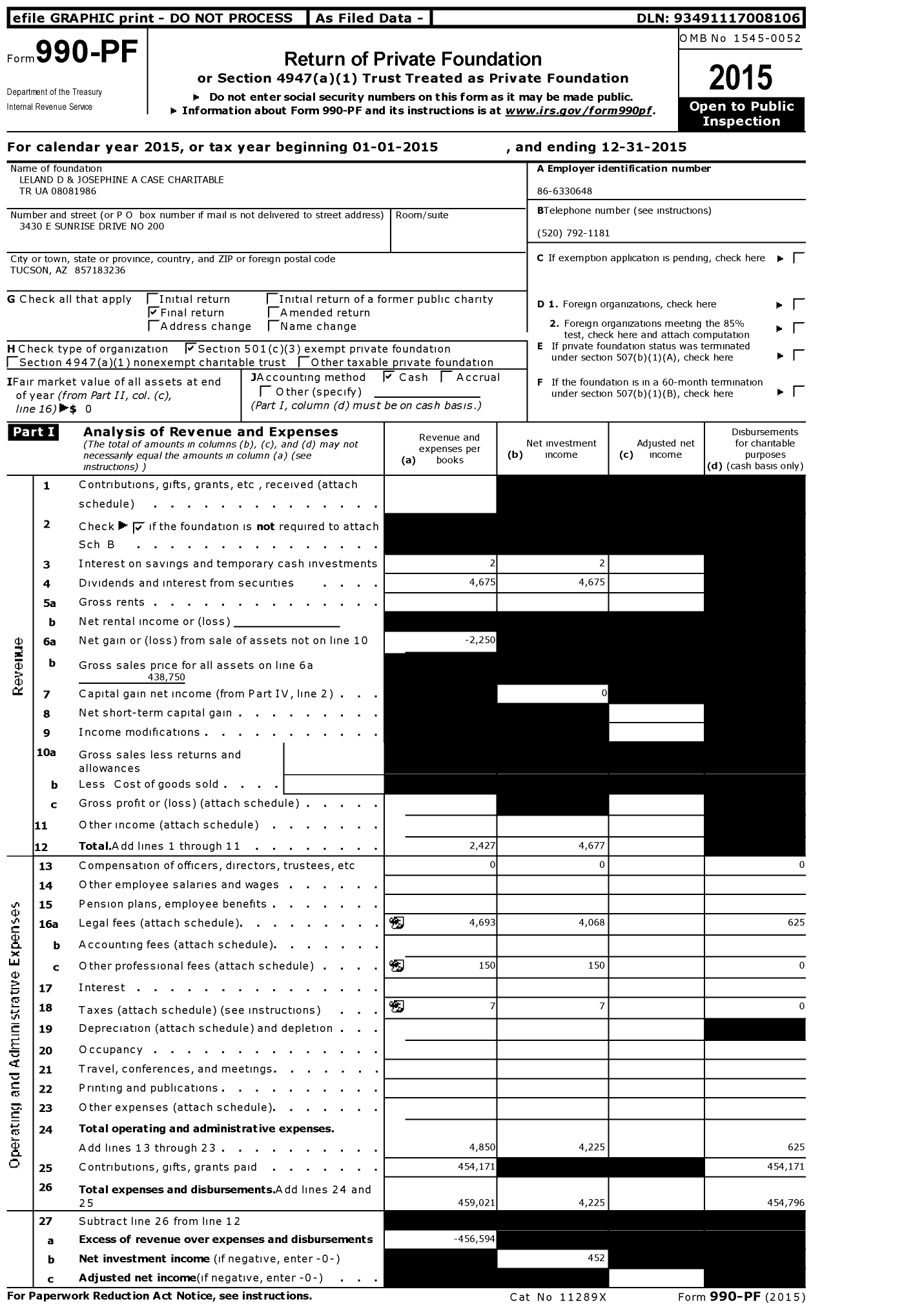 Image of first page of 2015 Form 990PF for Leland D and Josephine A Case Charitable TR 08081986