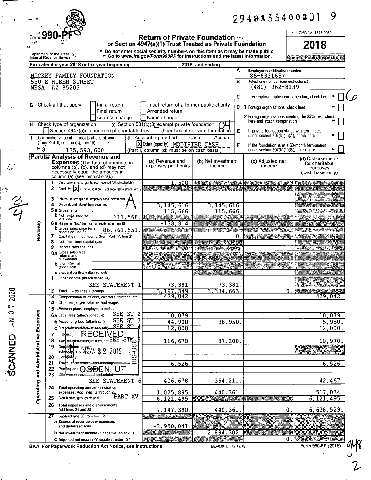 Image of first page of 2018 Form 990PF for The Hickey Family Foundation