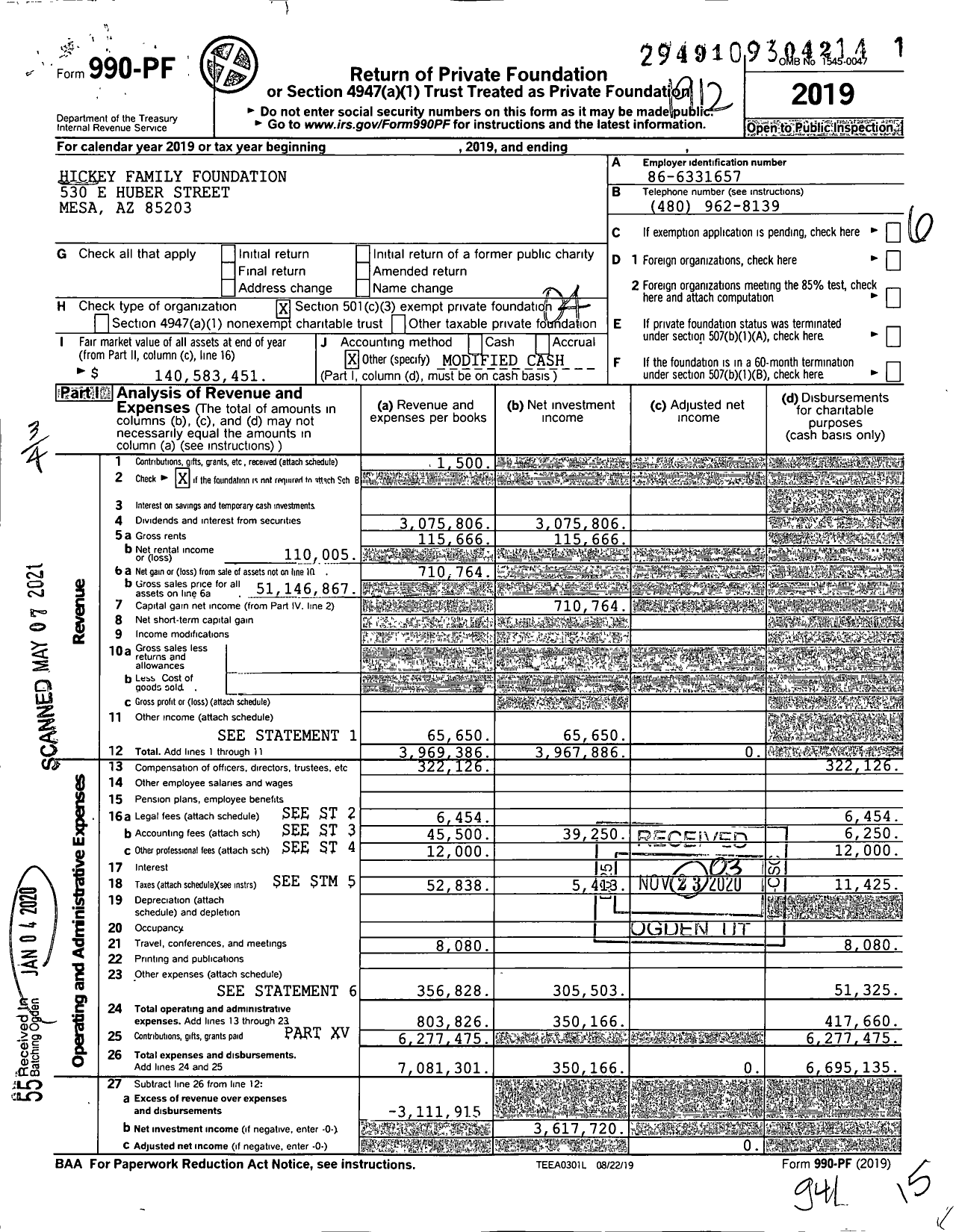 Image of first page of 2019 Form 990PF for The Hickey Family Foundation