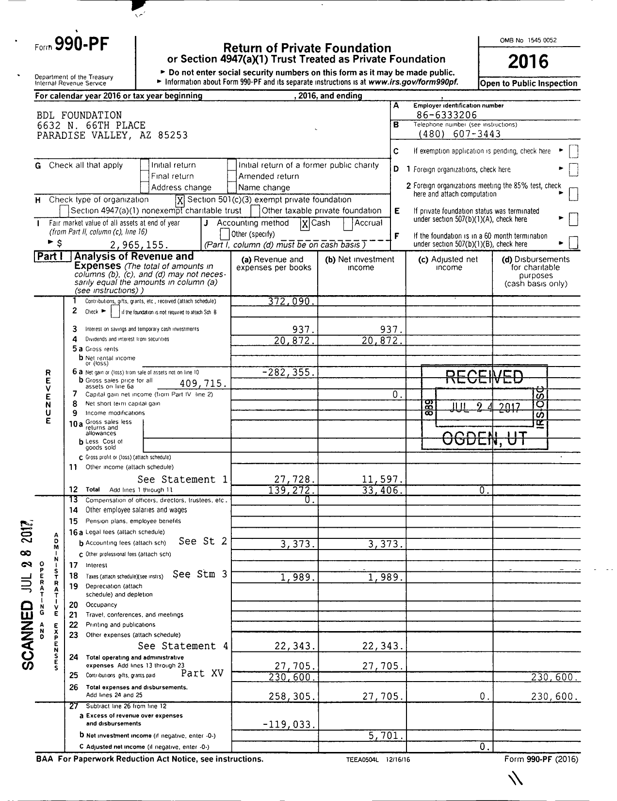 Image of first page of 2016 Form 990PF for BDL Foundation