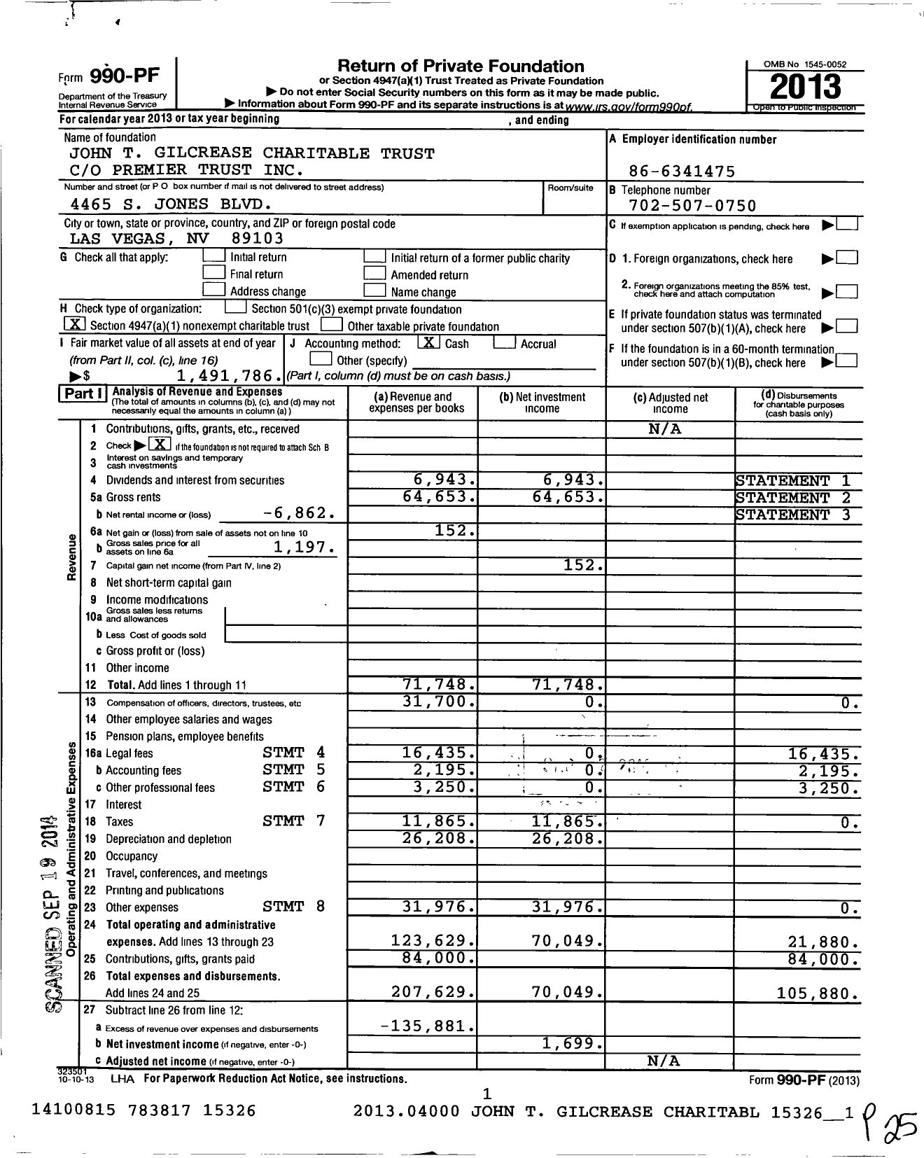 Image of first page of 2013 Form 990PF for John T Gilcrease Charitable TRUST