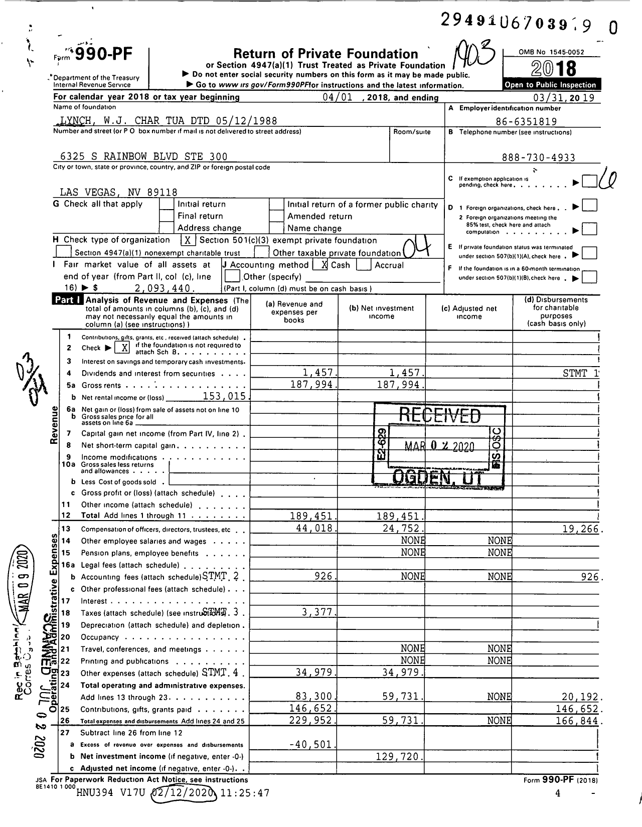 Image of first page of 2018 Form 990PR for Lynch WJ Char Tua DTD 05121988