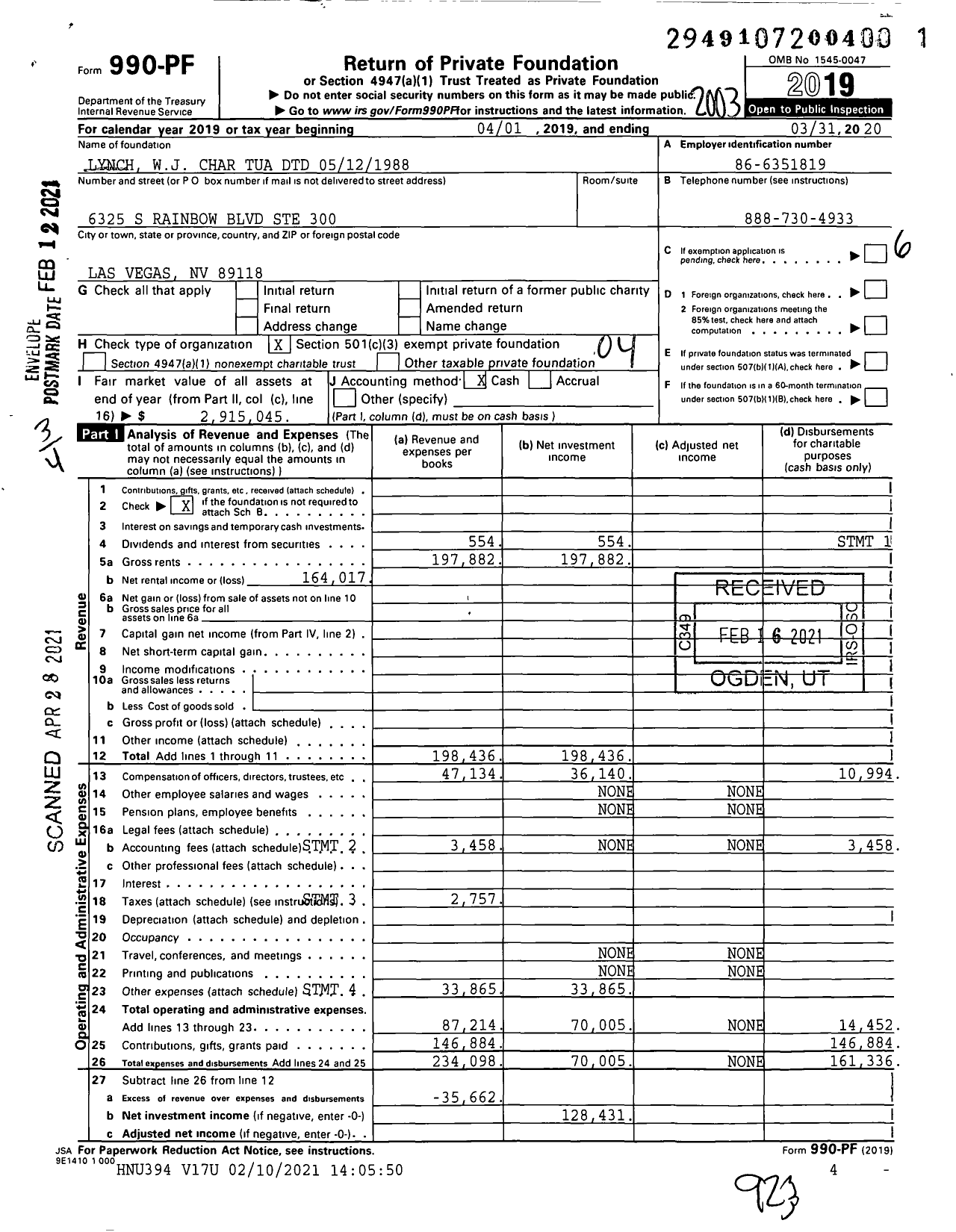 Image of first page of 2019 Form 990PF for Lynch WJ Char Tua DTD 05121988