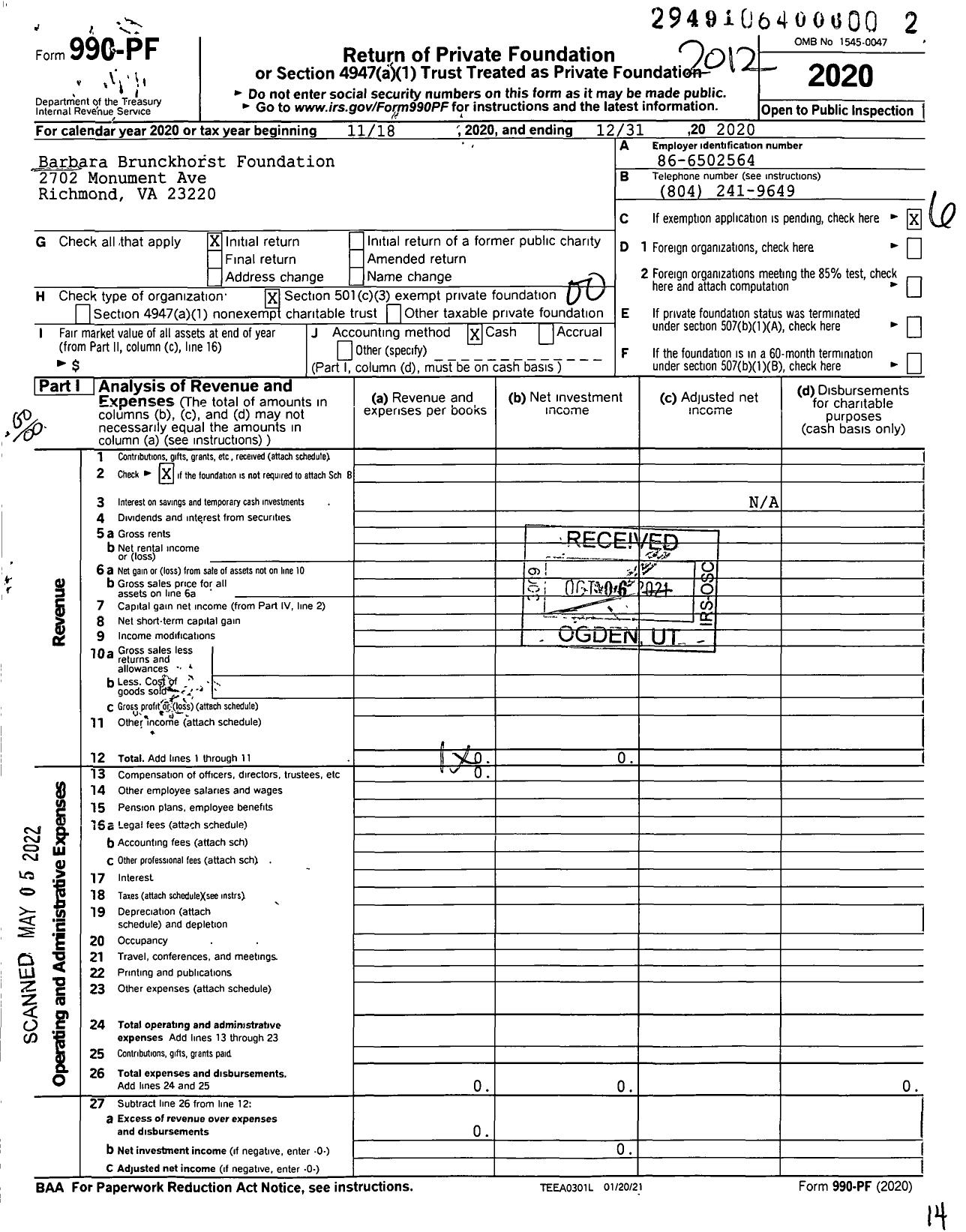 Image of first page of 2020 Form 990PF for Barbara Brunckhorst Foundation