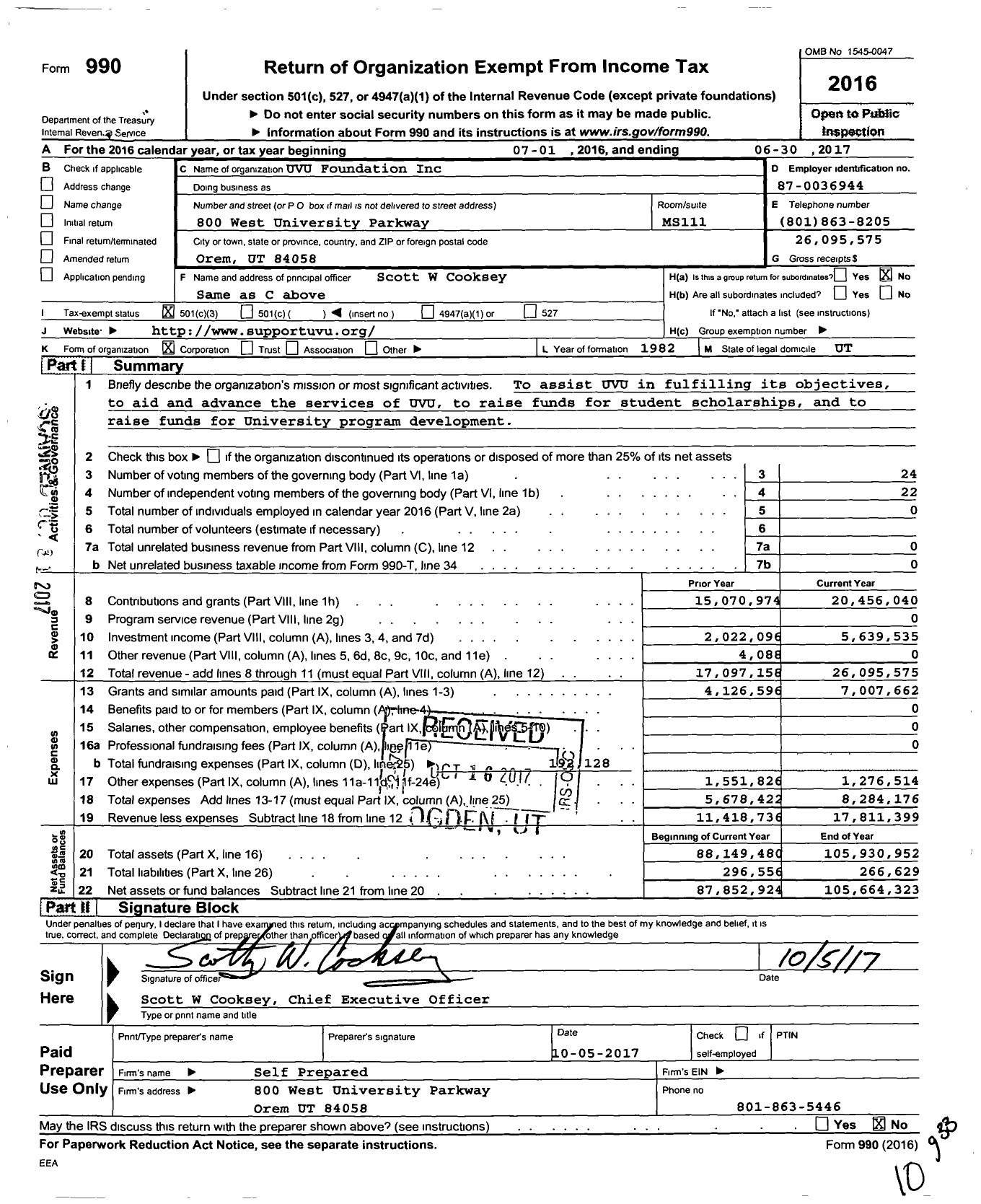 Image of first page of 2016 Form 990 for Utah Valley University Foundation