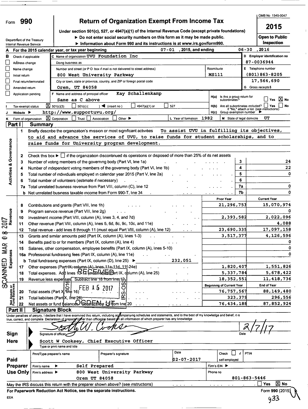 Image of first page of 2015 Form 990 for Utah Valley University Foundation