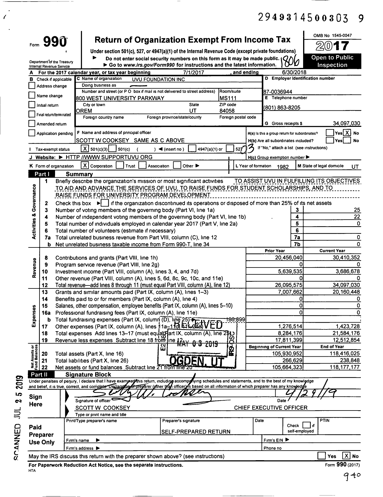 Image of first page of 2017 Form 990 for Utah Valley University Foundation