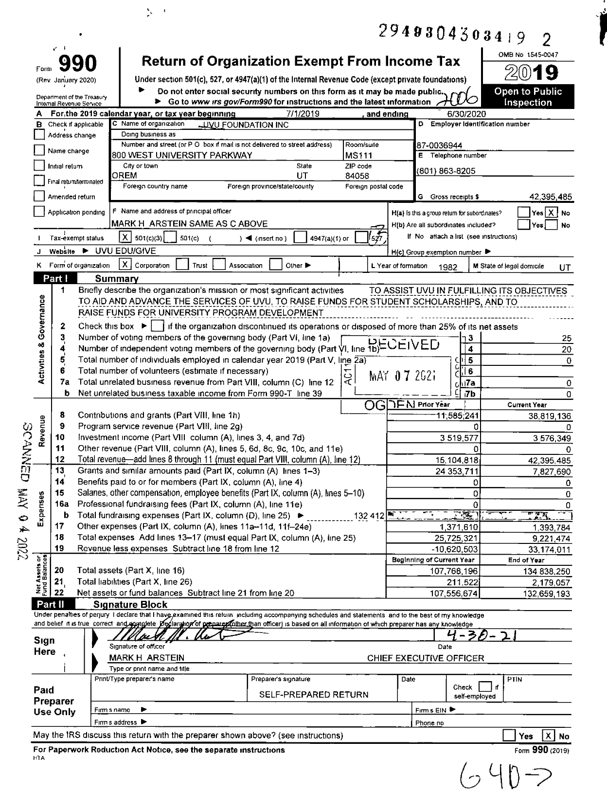Image of first page of 2019 Form 990 for Utah Valley University Foundation