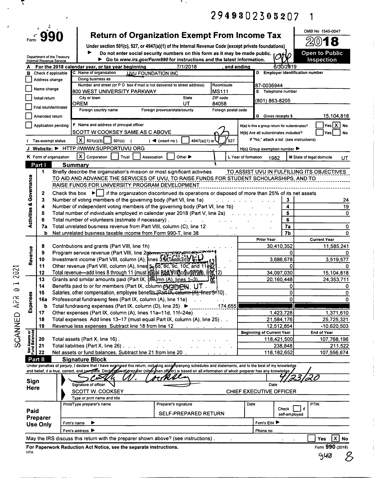 Image of first page of 2018 Form 990 for Utah Valley University Foundation