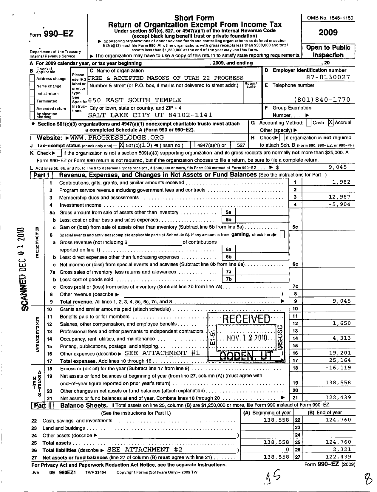 Image of first page of 2009 Form 990EO for Free and Accepted Masons of Utah - 22 Progress