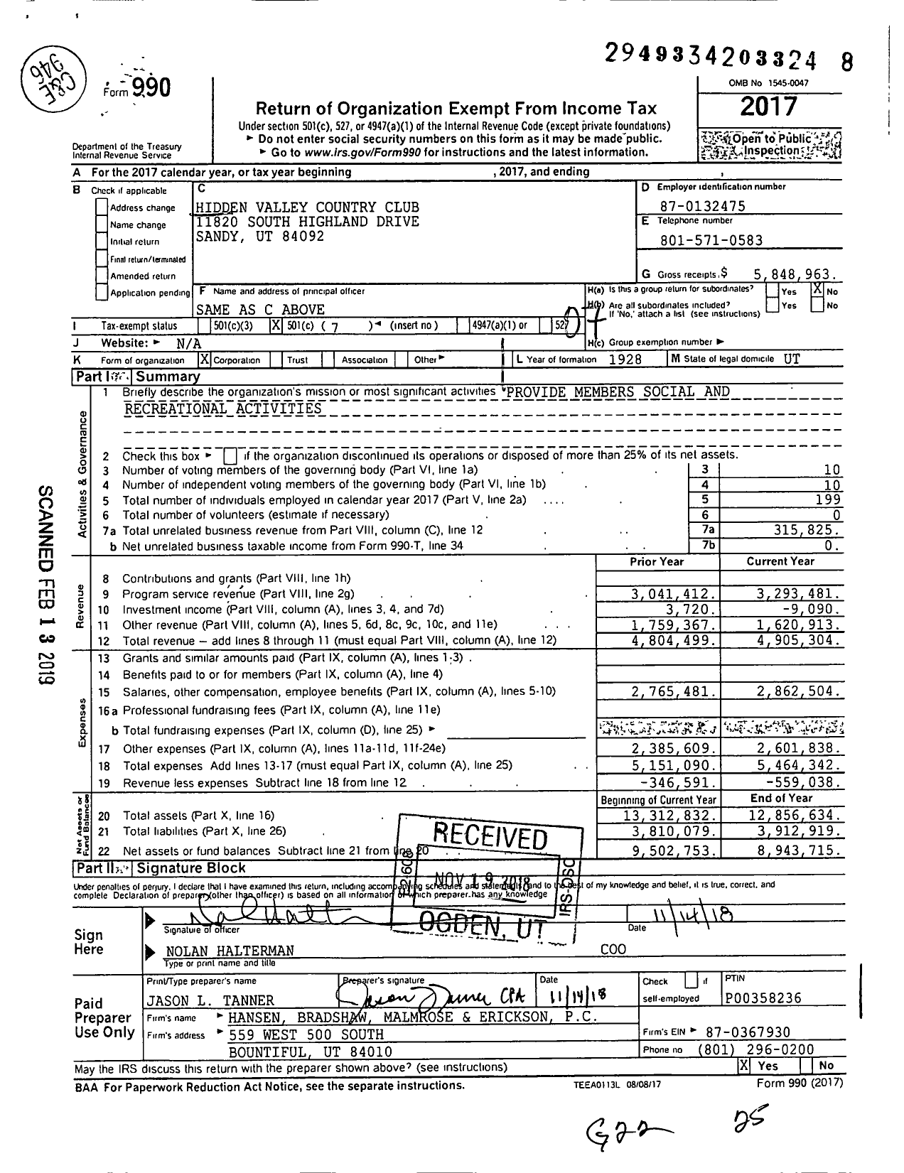 Image of first page of 2017 Form 990O for Hidden Valley Country Club