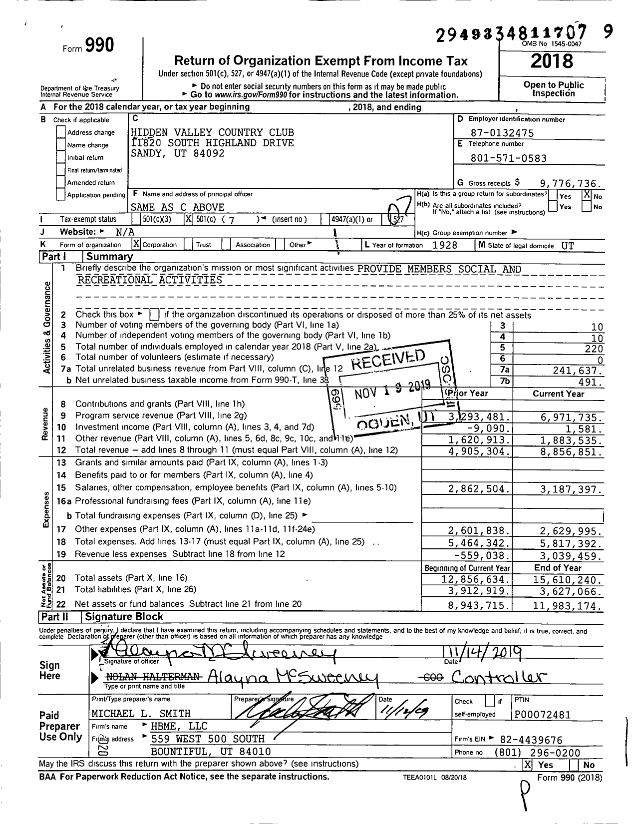 Image of first page of 2018 Form 990O for Hidden Valley Country Club