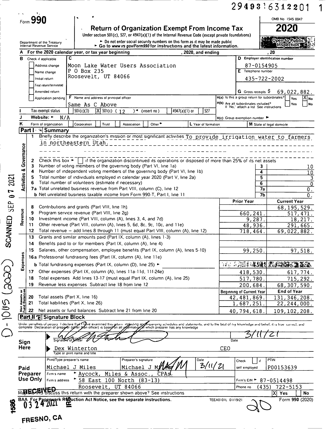 Image of first page of 2020 Form 990O for Moon Lake Water Users Association