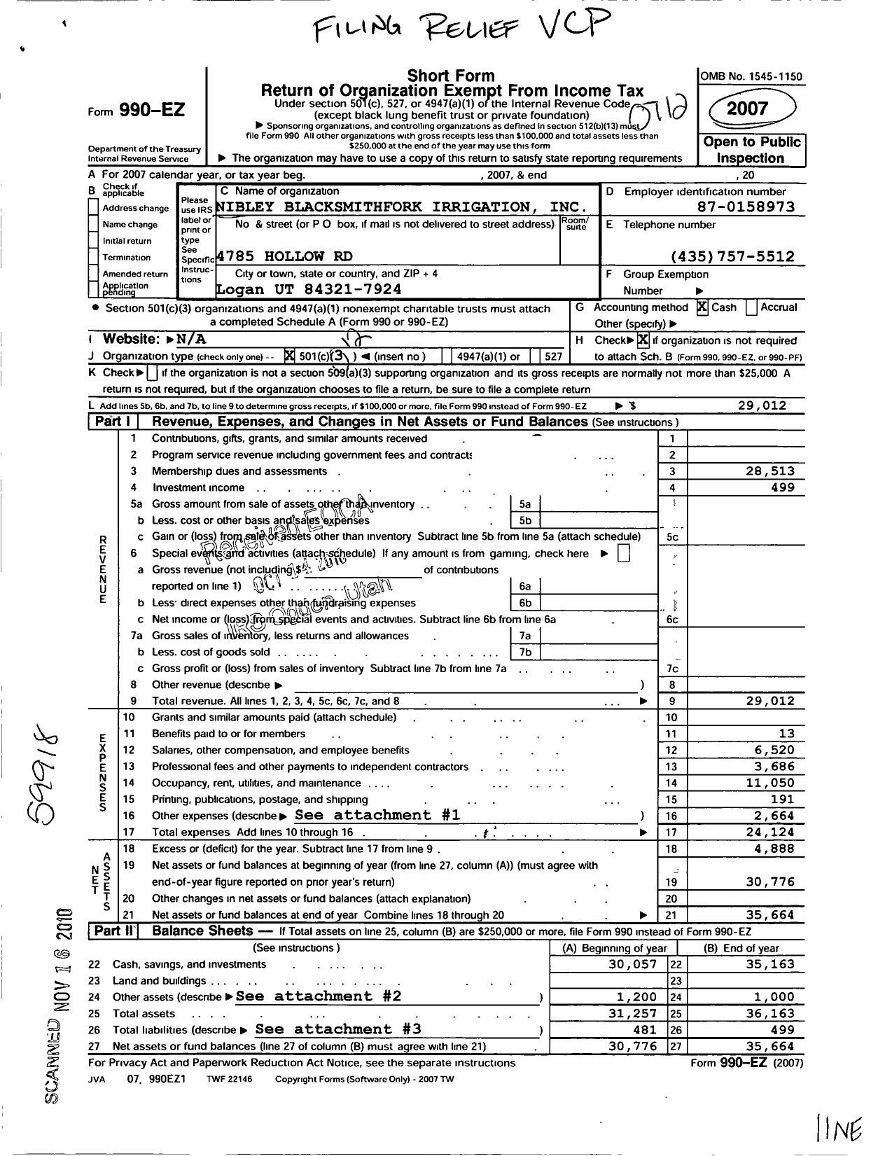 Image of first page of 2007 Form 990EO for Nibley Blacksmith Fork Irrigation