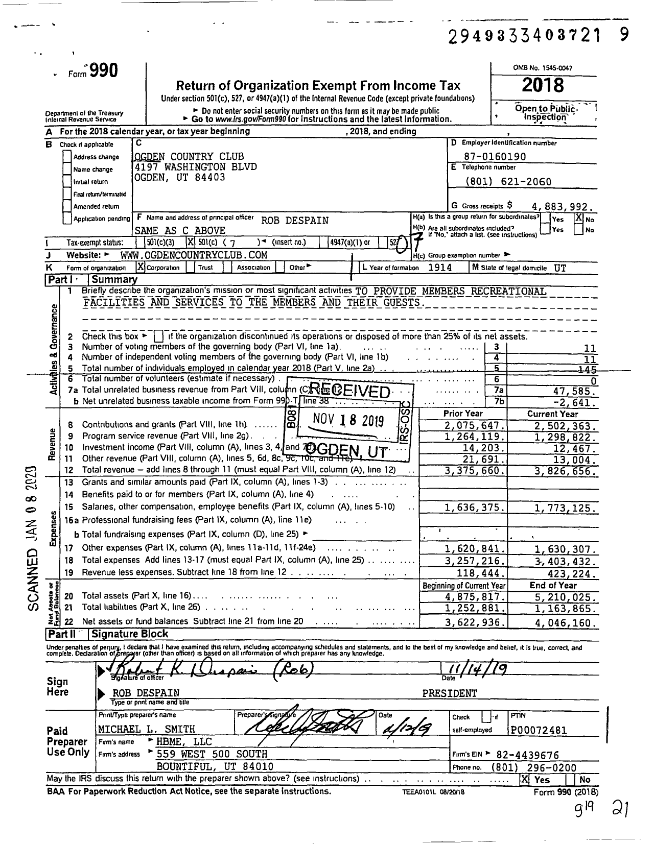 Image of first page of 2018 Form 990O for Ogden Country Club