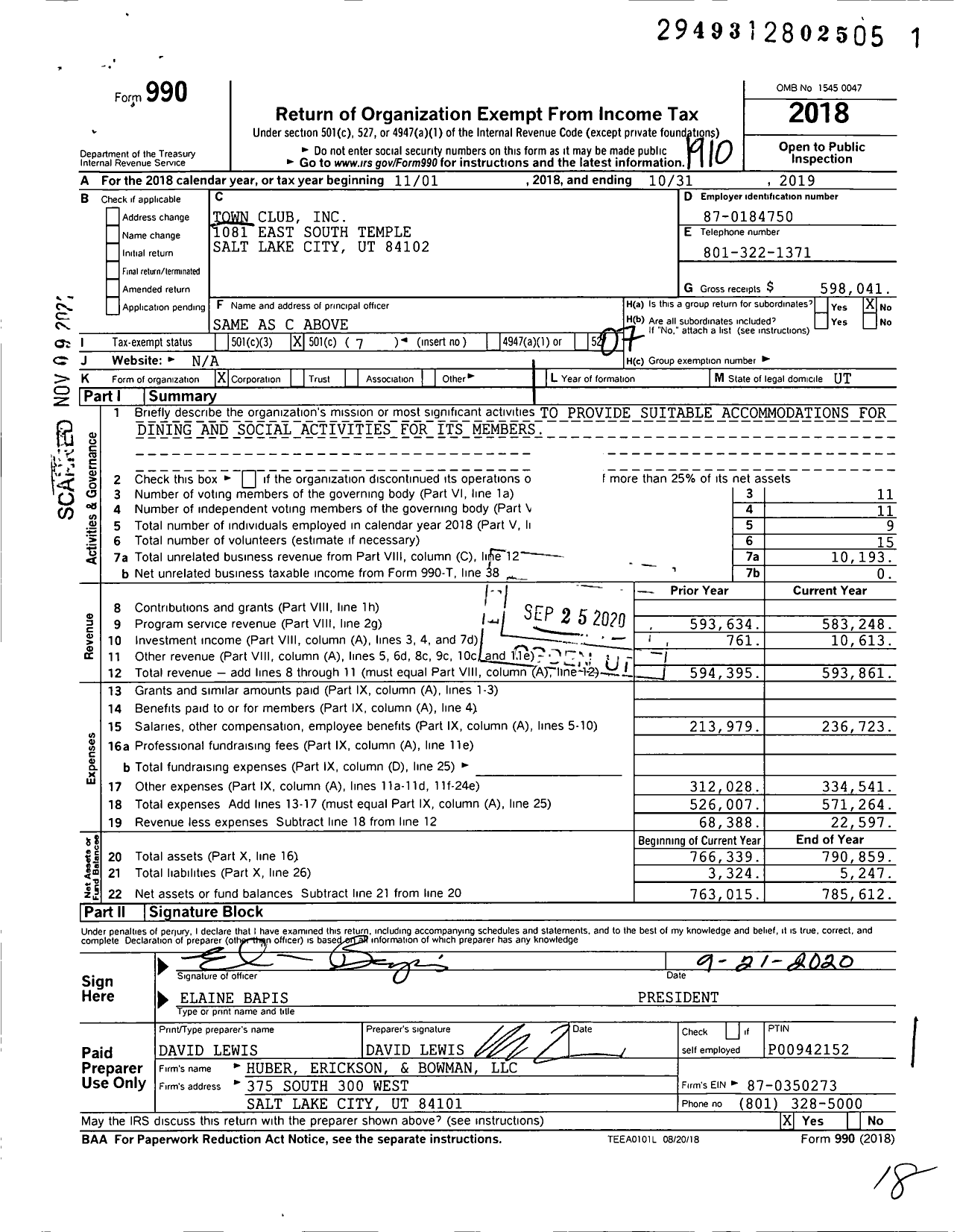 Image of first page of 2018 Form 990O for Town Club