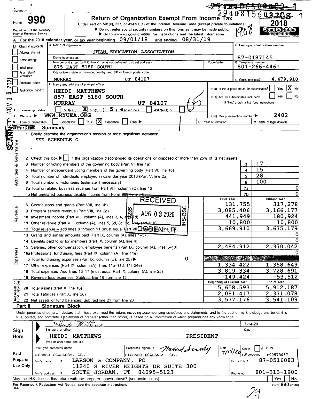 Image of first page of 2018 Form 990O for Utah Education Association