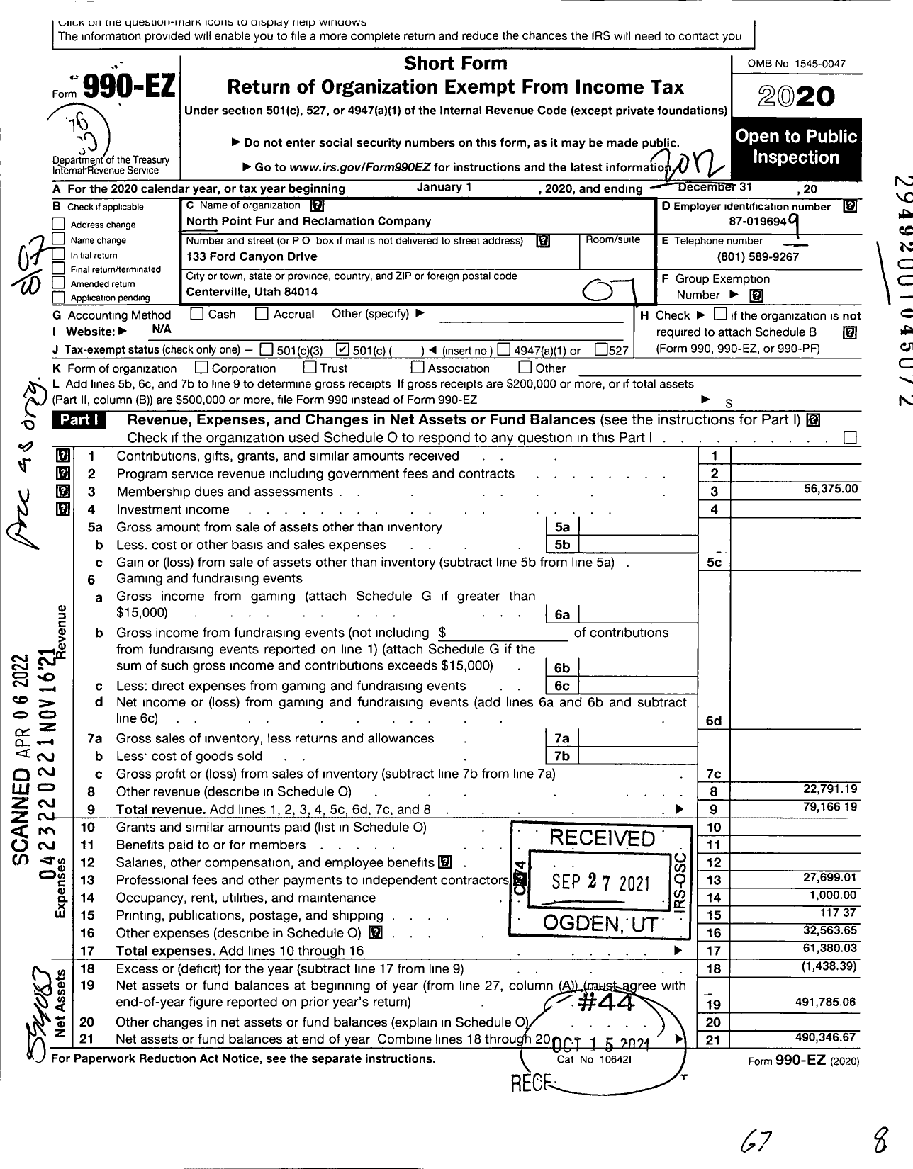 Image of first page of 2020 Form 990EO for North Point Fur and Reclamation