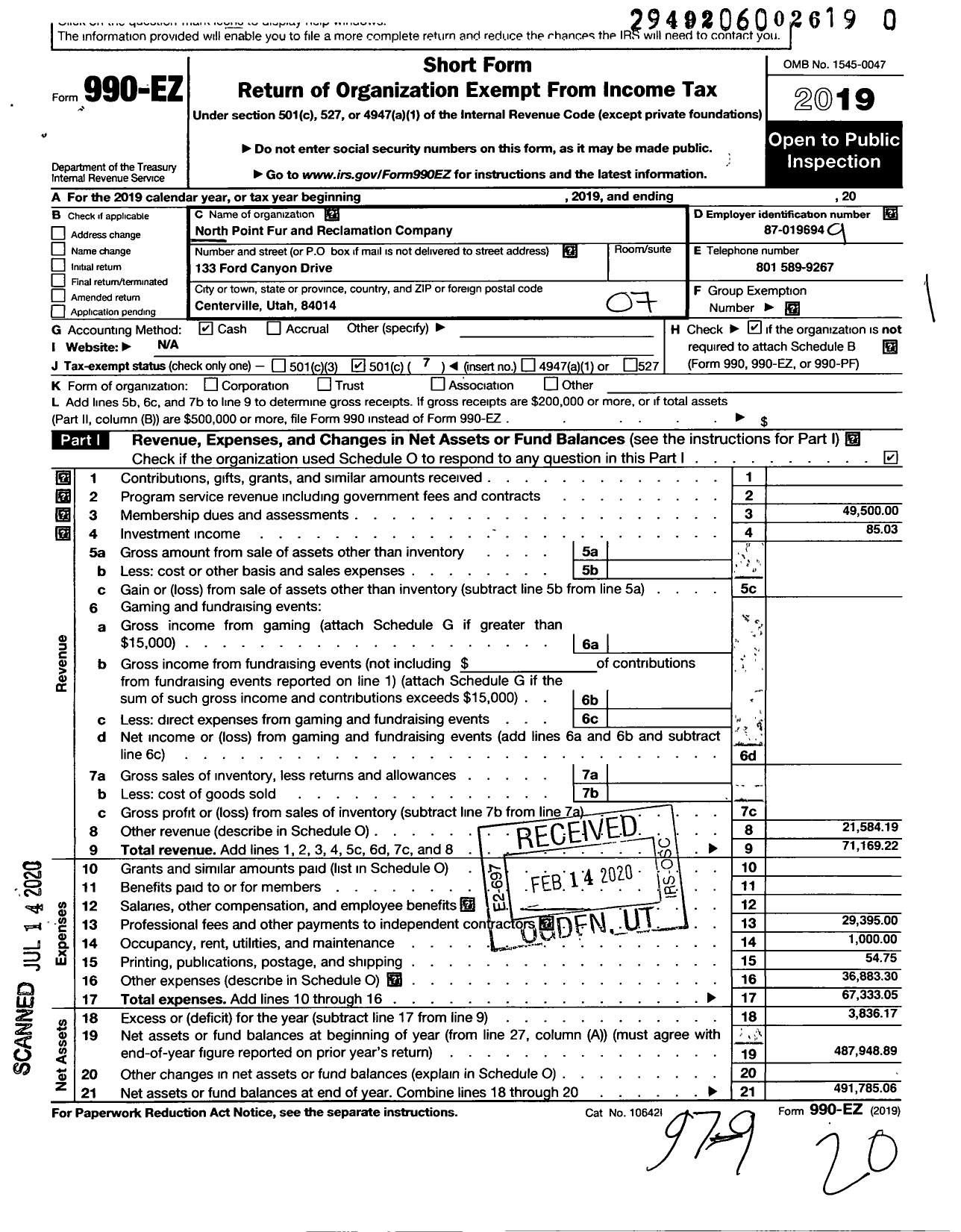 Image of first page of 2019 Form 990EO for North Point Fur and Reclamation