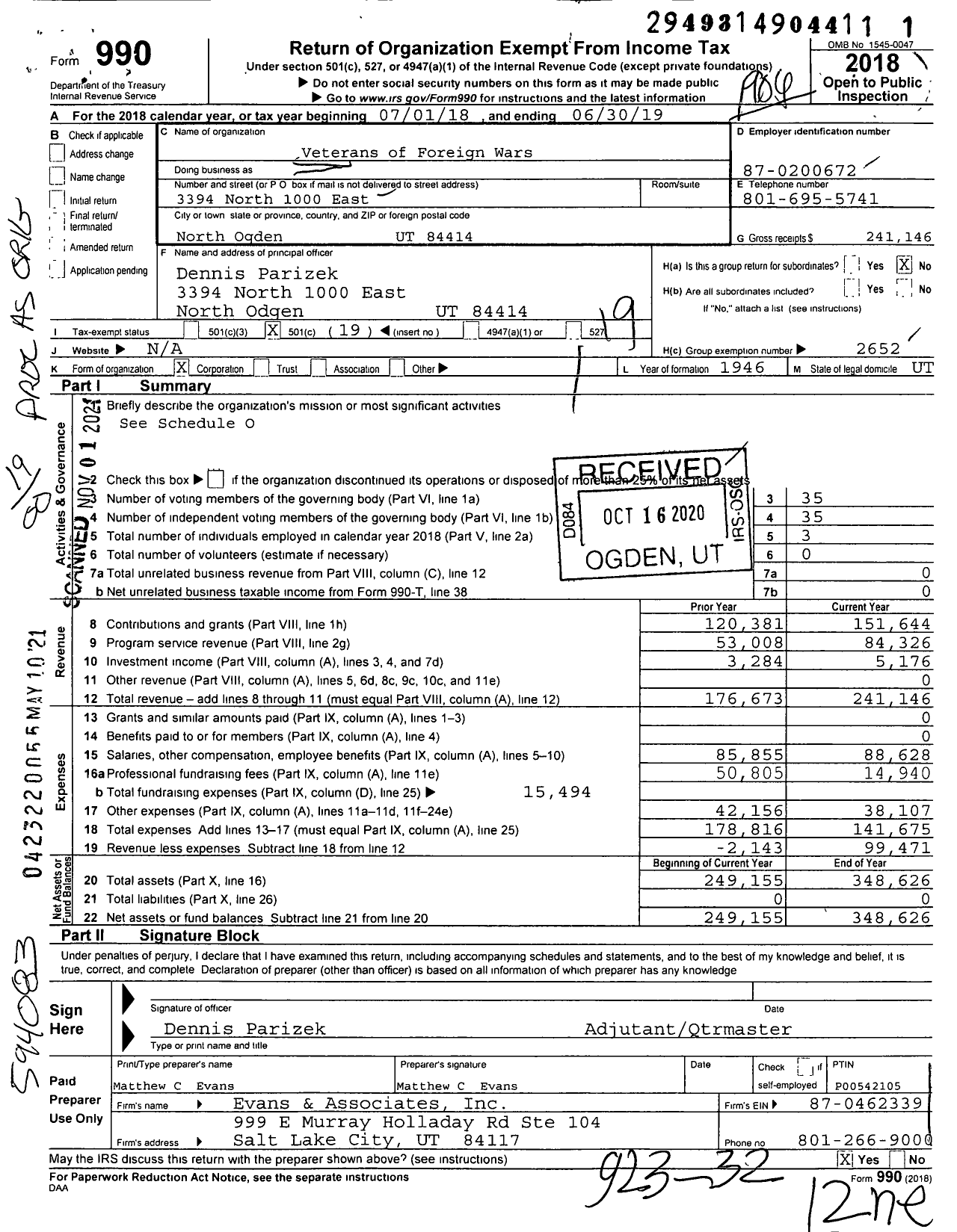 Image of first page of 2018 Form 990O for Veterans of Foreign Wars / Vfw-Utah