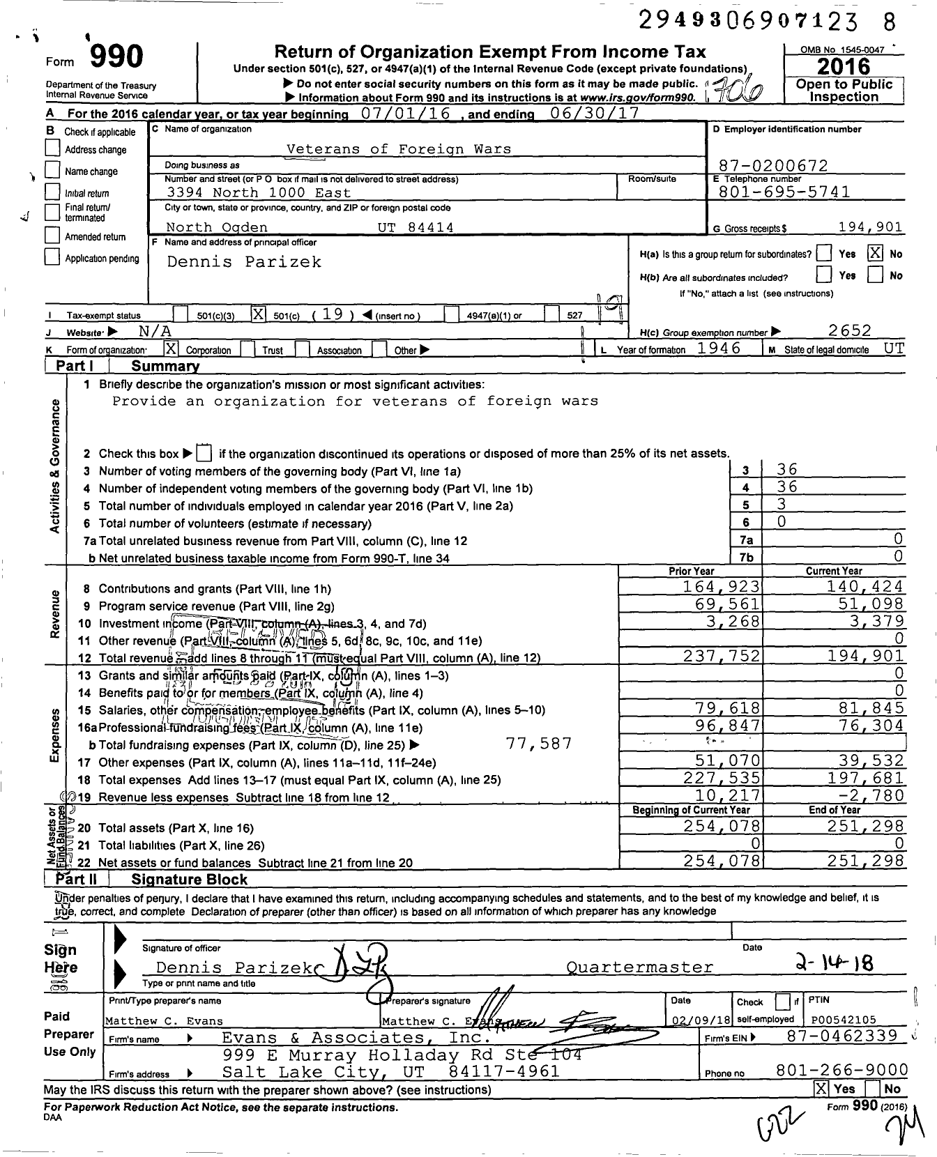 Image of first page of 2016 Form 990O for Veterans of Foreign Wars / Vfw-Utah