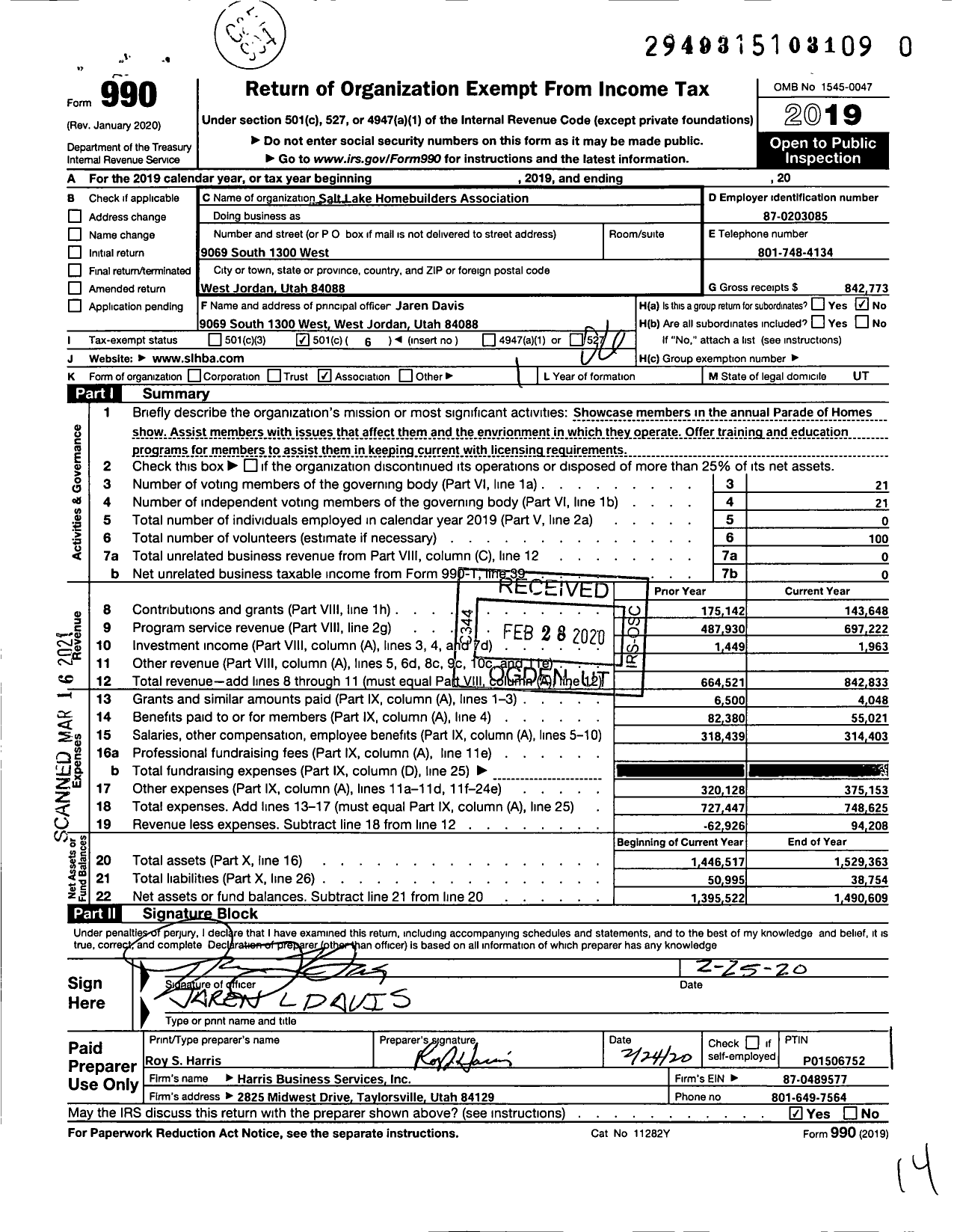 Image of first page of 2019 Form 990O for Salt Lake Home Builders Association