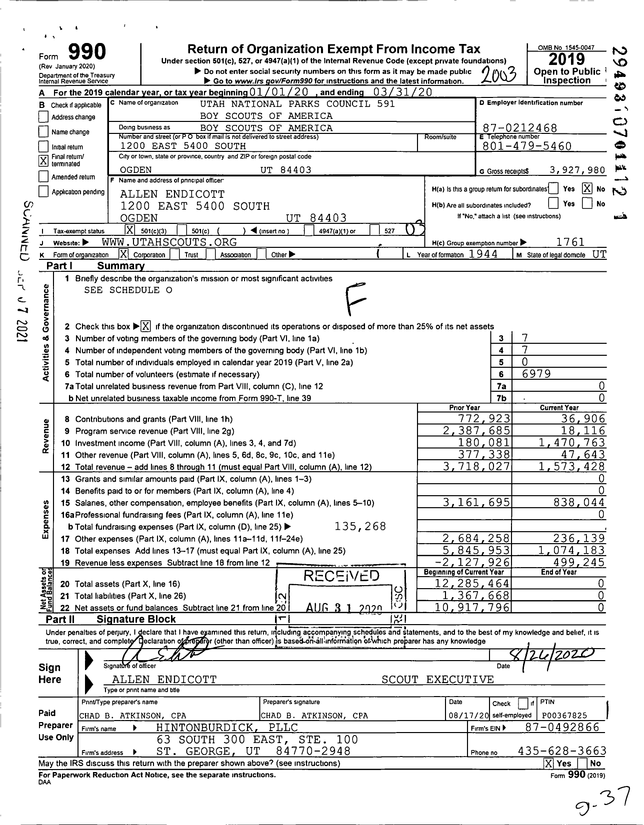 Image of first page of 2019 Form 990 for Utah National Parks Council 591 Boy Scouts of America