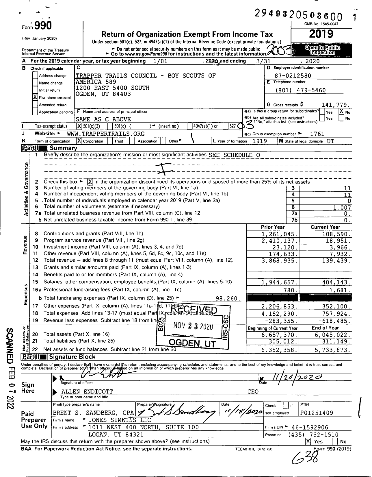 Image of first page of 2019 Form 990 for Trapper Trails Council - Boy Scouts of America 589