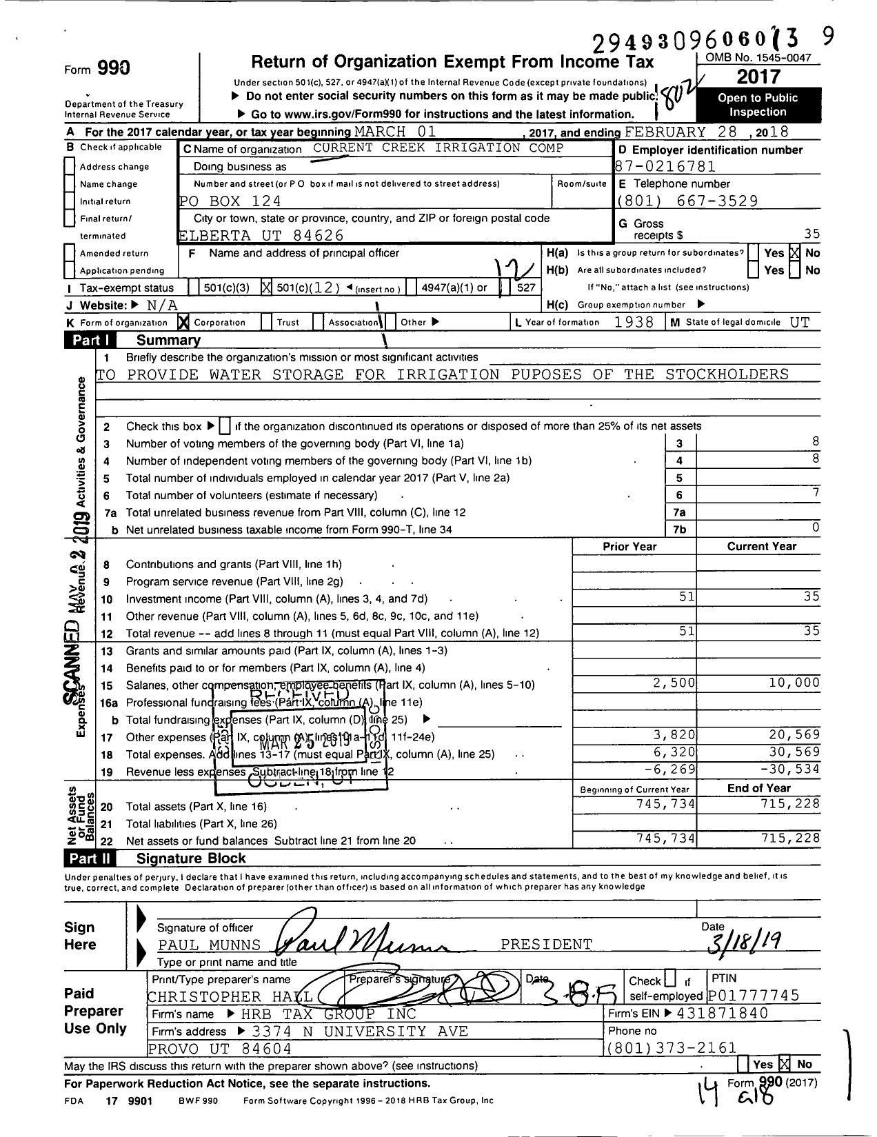 Image of first page of 2017 Form 990O for Current Creek Irrigation Company